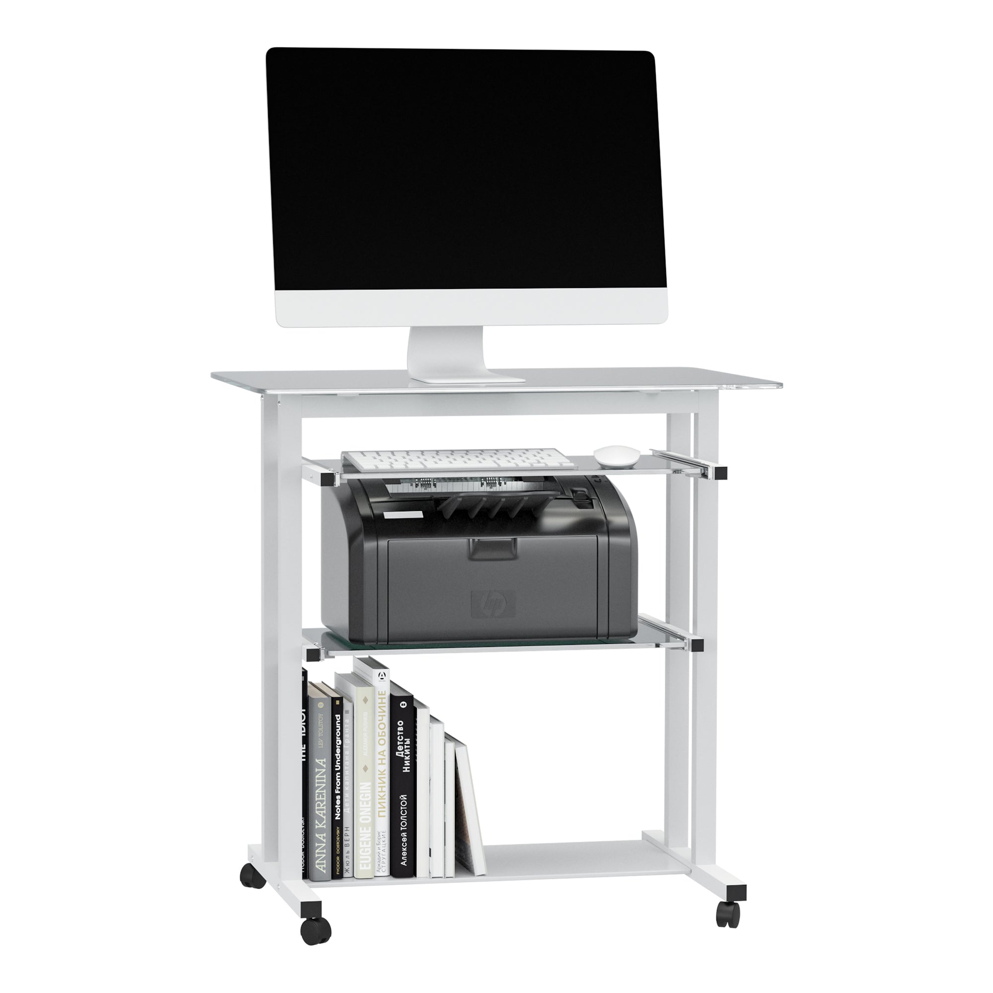 HOMCOM Mobile Glass Computer Desk, Workstation on Wheels, Laptop PC Desk for Home Office, White.