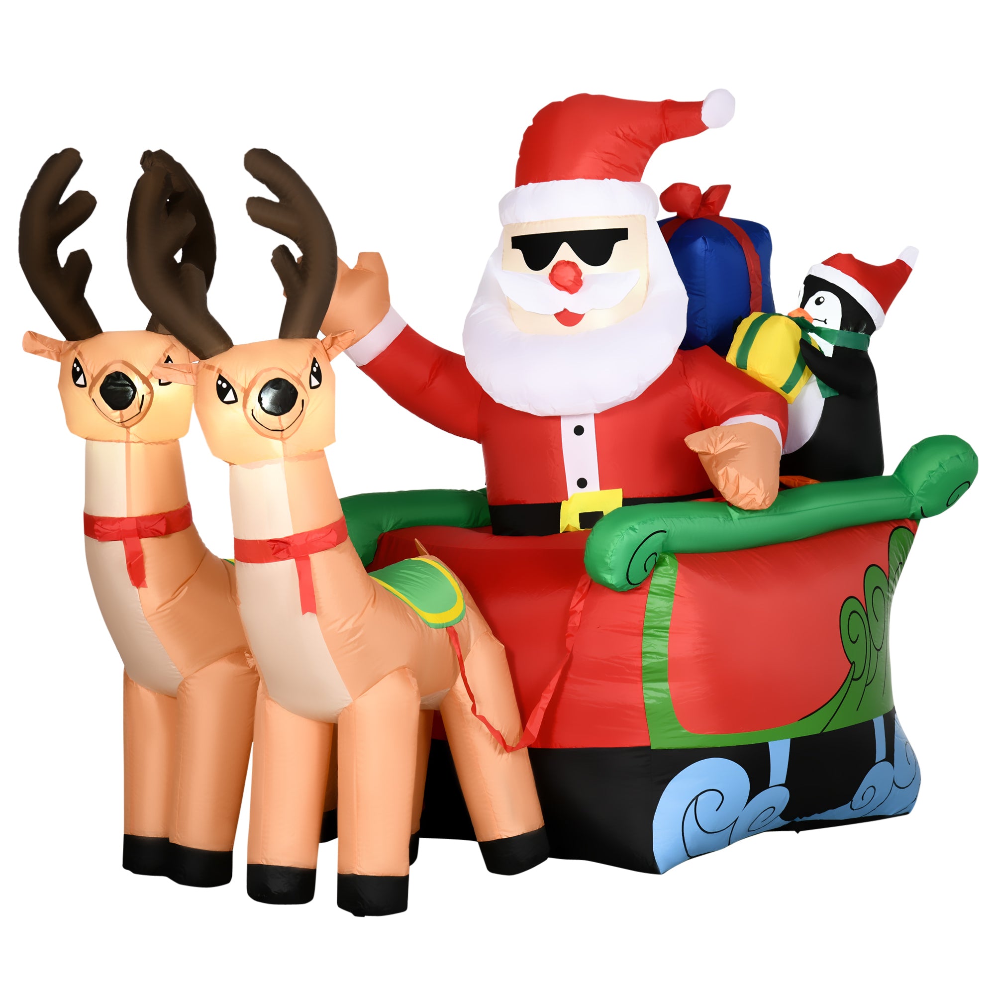 Outsunny 6ft Inflatable Christmas Santa Claus and Penguin on Sleigh with 2 Reindeer, Blow-Up Outdoor LED Yard Display