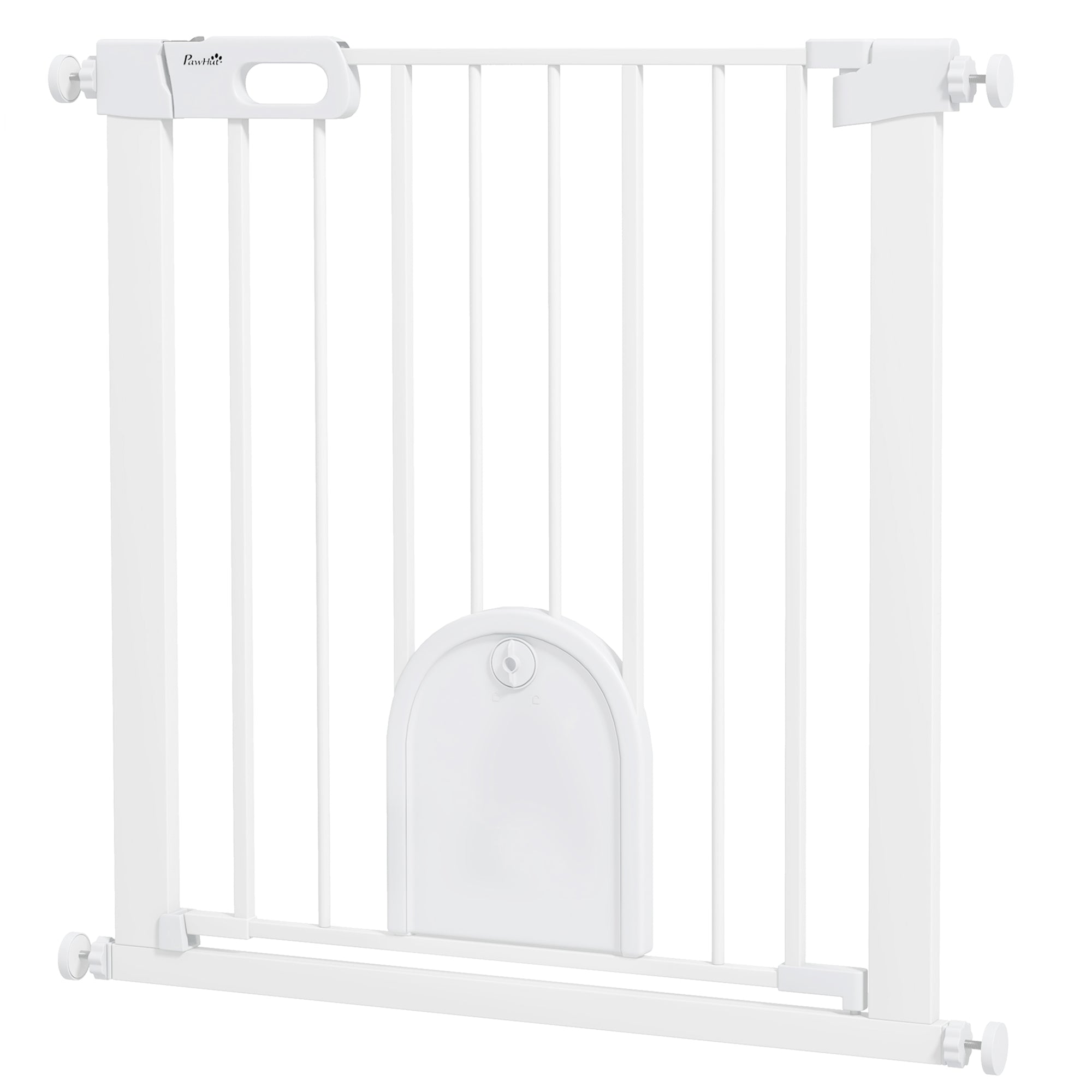 PawHut 75-82cm Pet Safety Gate with Double Locking, Pressure Fit Stair with Cat Flat for Doorways, Hallways, White