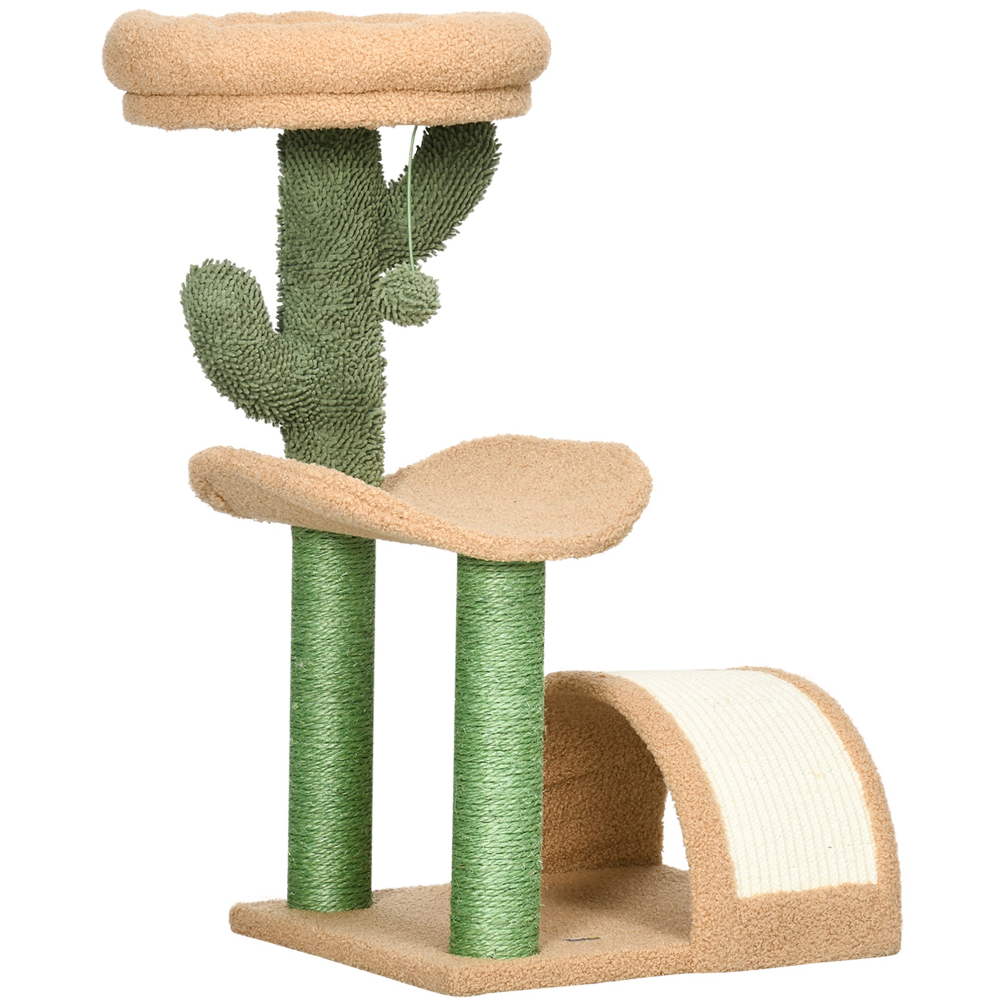 PawHut Wooden Cat Tree, 72cm Kitty Activity Centre, Climbing Toy with Bed, Ball, Sisal Scratching Post, Curved Pad, Yellow