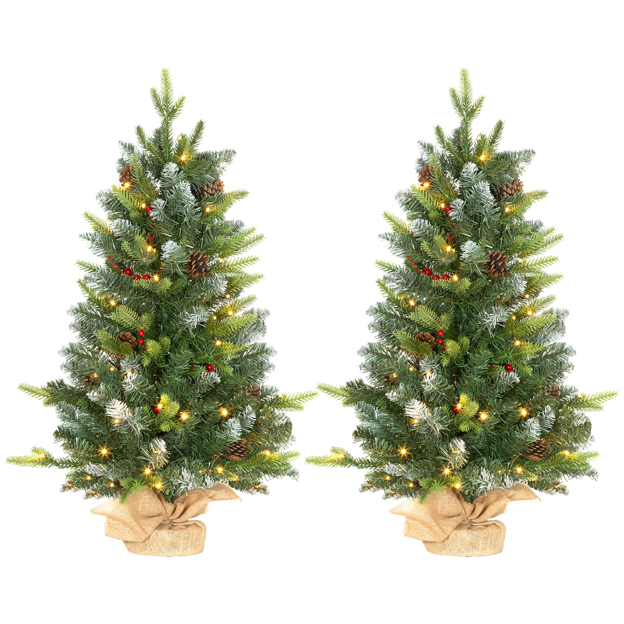 HOMCOM 2 Pieces 3ft Prelit Artificial Christmas Tree with LED Light and 291 Tips, Concrete Base, Tabletop Xmas Tree with Pine Cones and Red Berries, Green