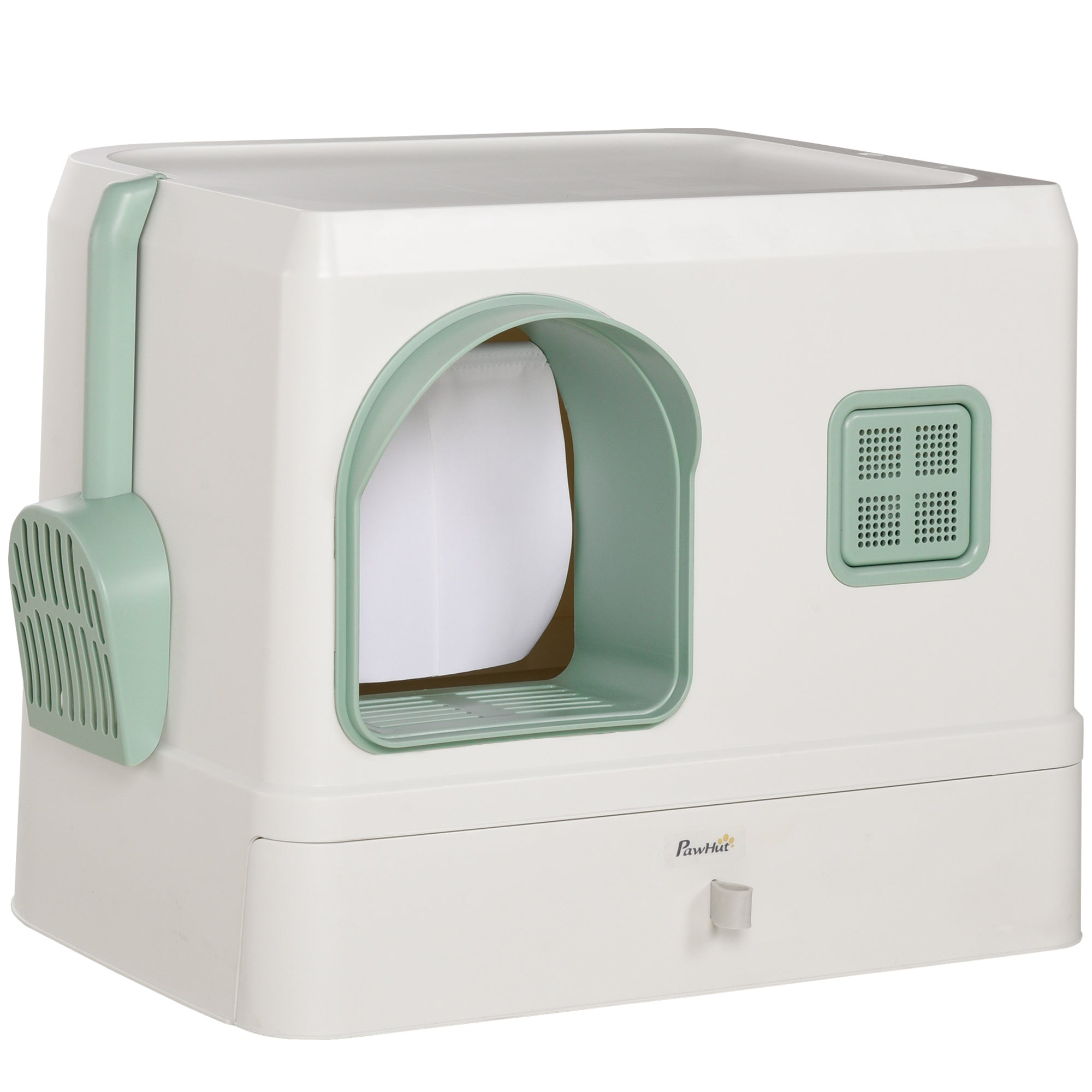 PawHut Hooded Cat Litter Box: Drawer Pan, Scoop & Deodorants, Front Entry, 50 x 40 x 40 cm, White