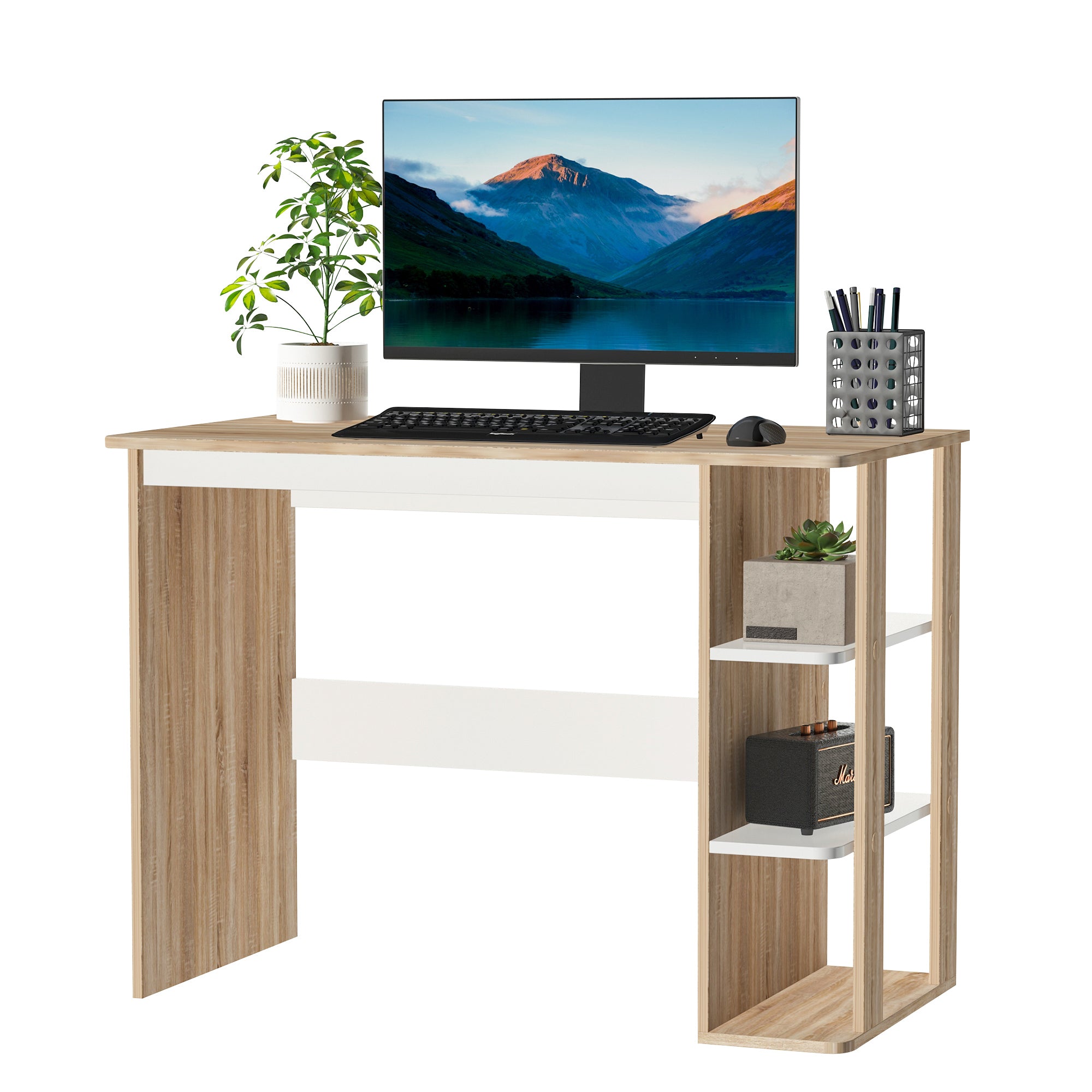 HOMCOM Computer Desk & 3-Tier Side Shelves Wide Table Top Home furniture OAK