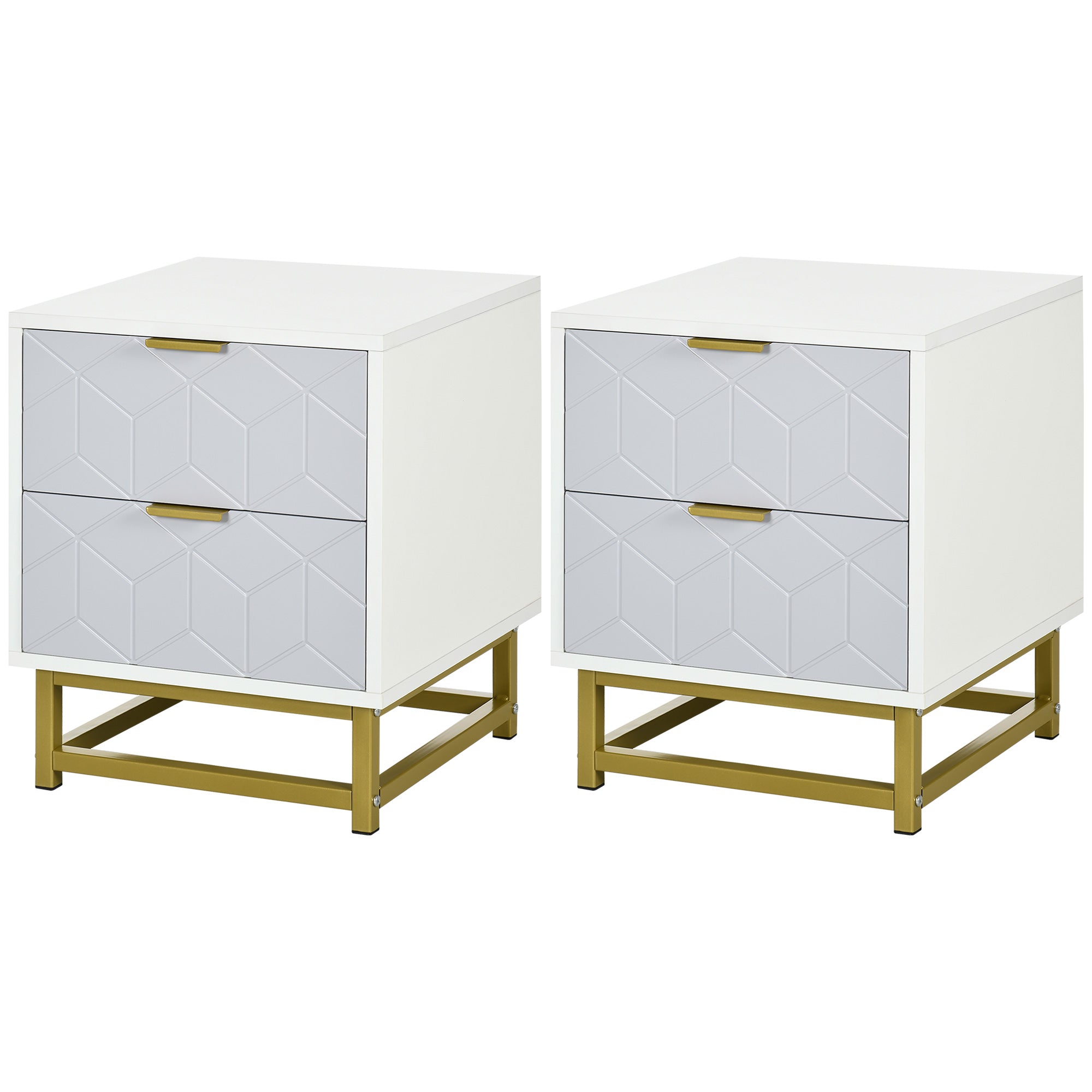 HOMCOM Bedside Table with 2 Drawers, Side Table, Bedside Cabinet with Steel Frame for Living Room, Bedroom, Set of 2, Grey and White