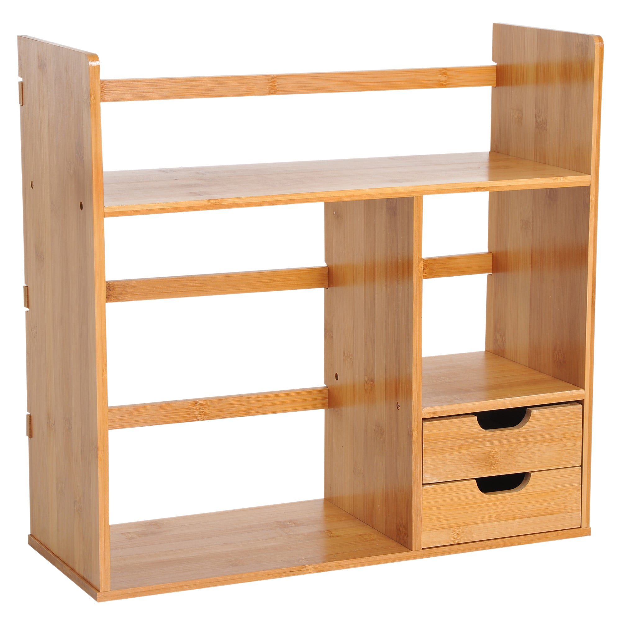 HOMCOM Desk Organiser, Bamboo Desktop Bookshelf with 2 Drawers and Stationery Storage, Reversible Use