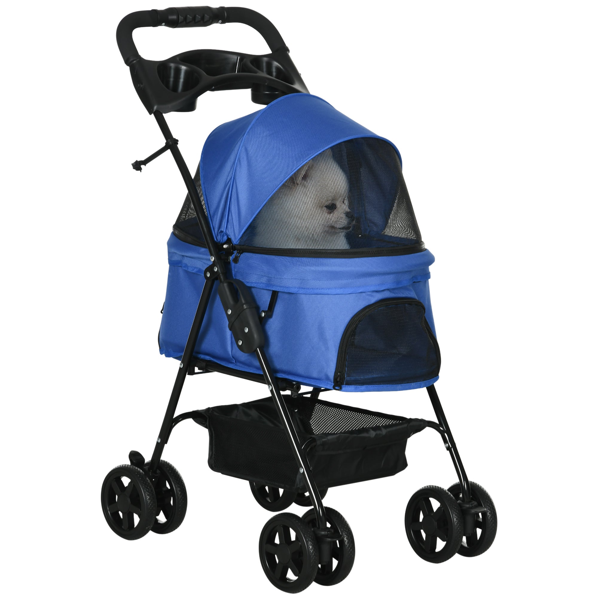 PawHut Pet Stroller Dog Cat Travel Pushchair One-Click Fold Trolley Jogger with EVA Wheels Brake Basket Adjustable Canopy Safety Leash Blue