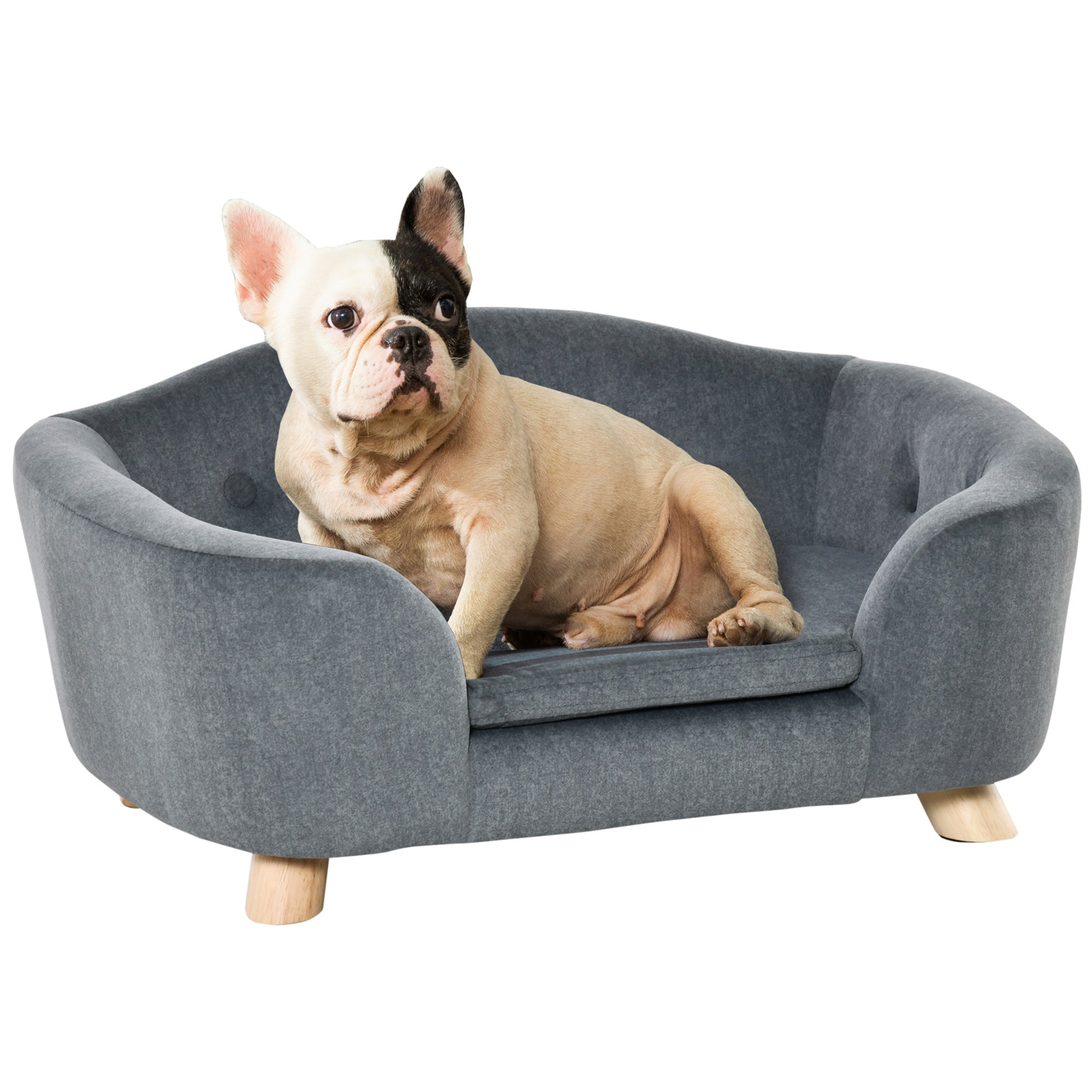 PawHut Pet Sofa, Modern Dog Bed & Puppy Lounge, with Wooden Frame & Washable Cushion, 70x47x30cm, Grey