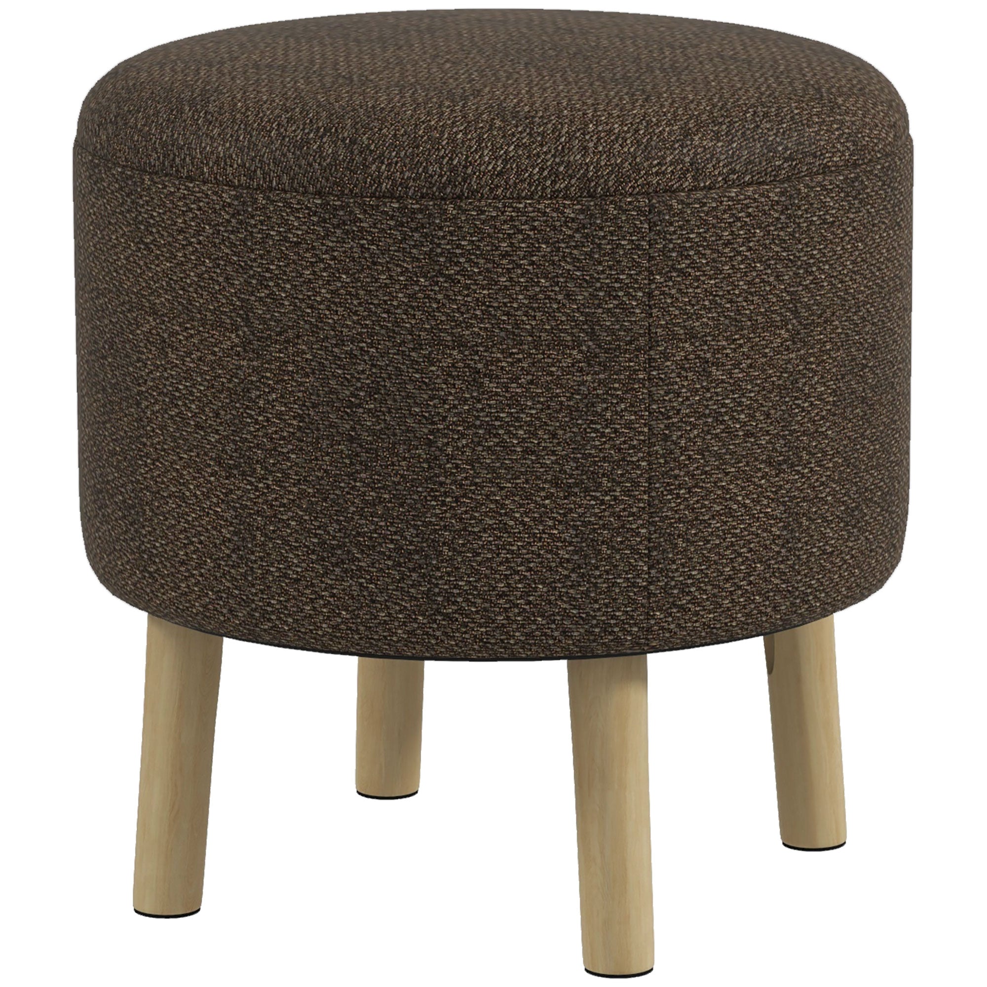 HOMCOM Linen Fabric Ottoman Stool with Storage, Round Upholstered Foot Stool with Padded Seat, Wood Legs, Cream White.