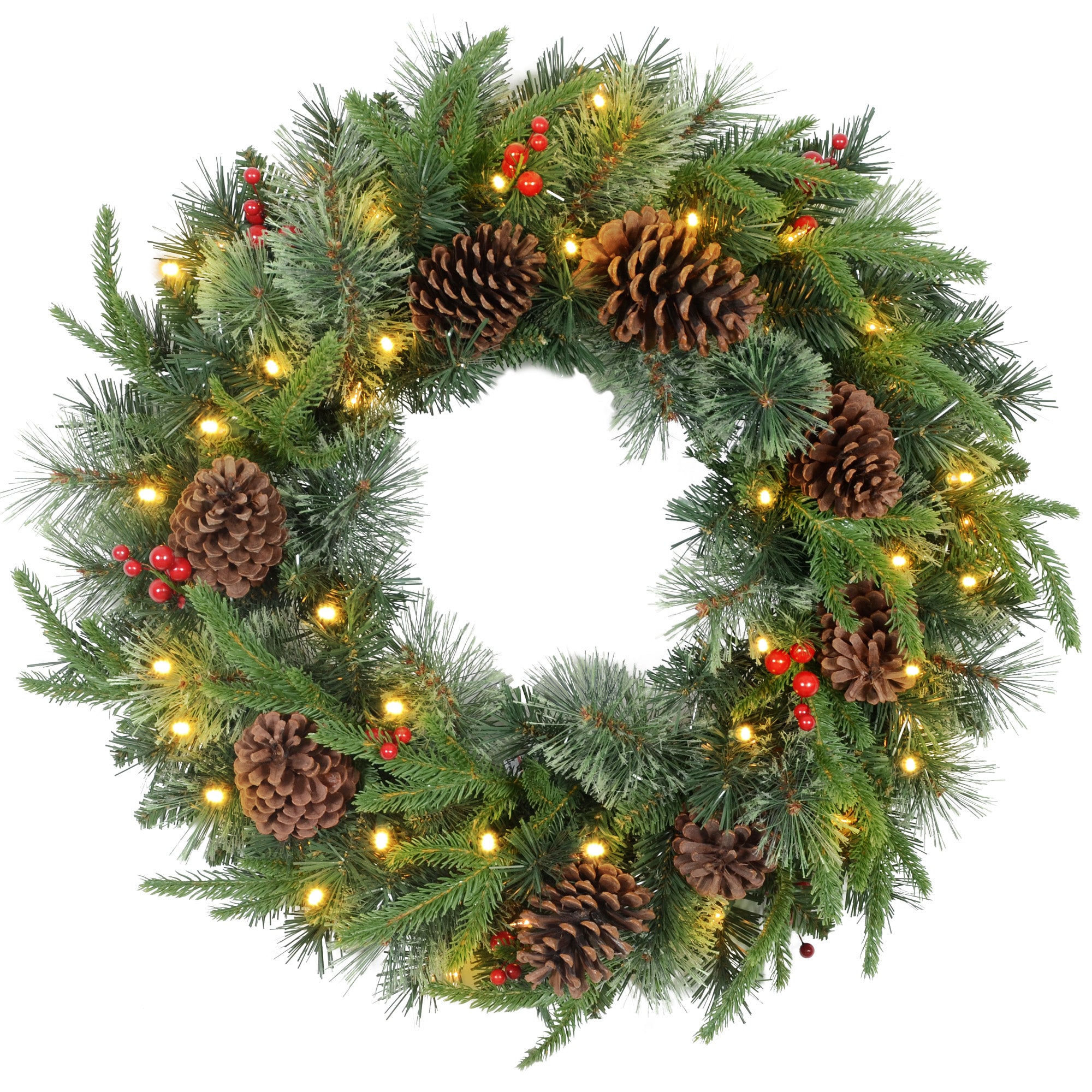 HOMCOM 60cm Pre-Lit Christmas Wreath for Front Door with LED Lights, Pine Cones and Red Berries, Winter Wreath for Windows, Wall Decoration, Green | Aosom UK