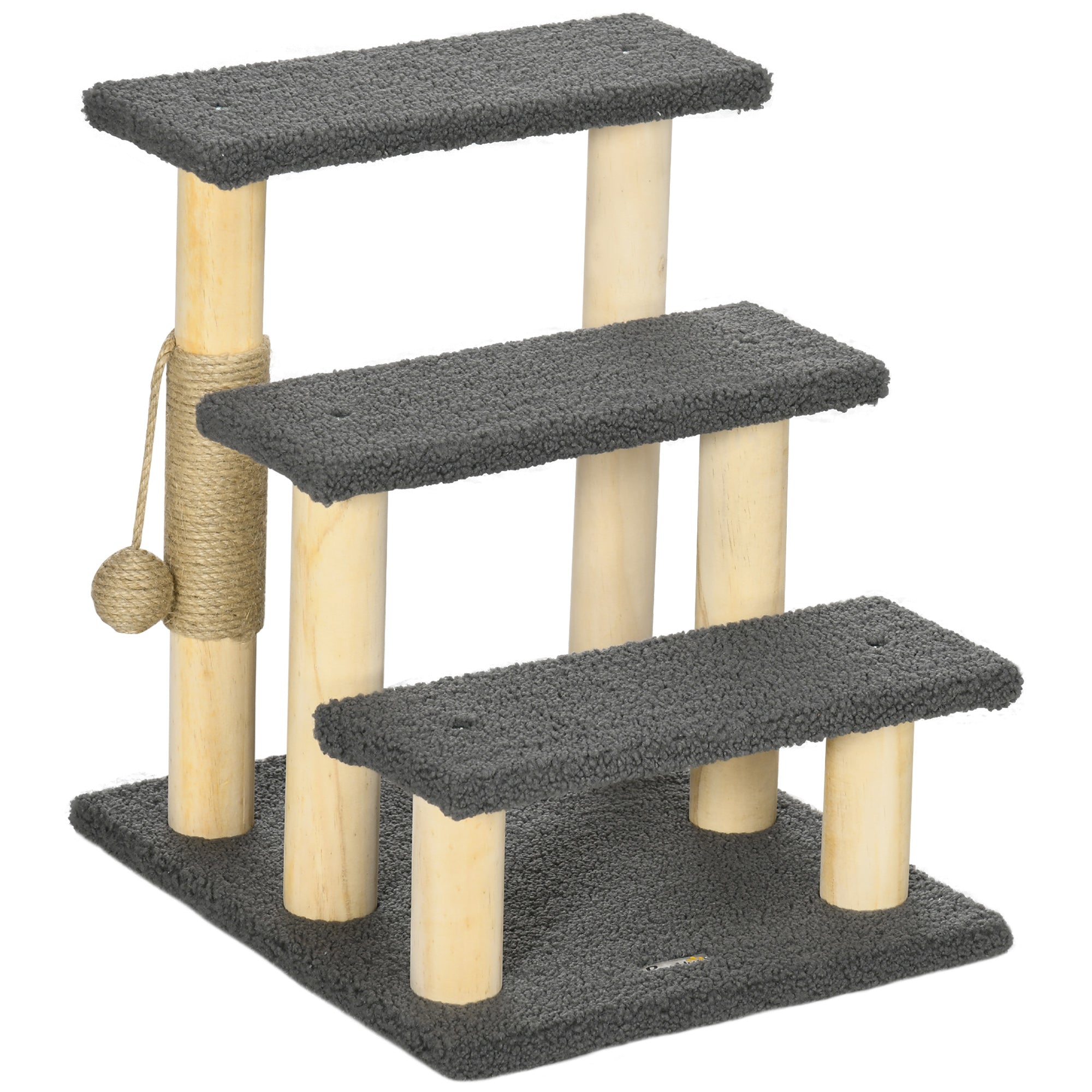 PawHut 48cm Cat Tree, 3-Layer Kitty Ladder, Cat Climbing Toy, Cat Tower with Ball Toy Jute Scratching Post, Grey