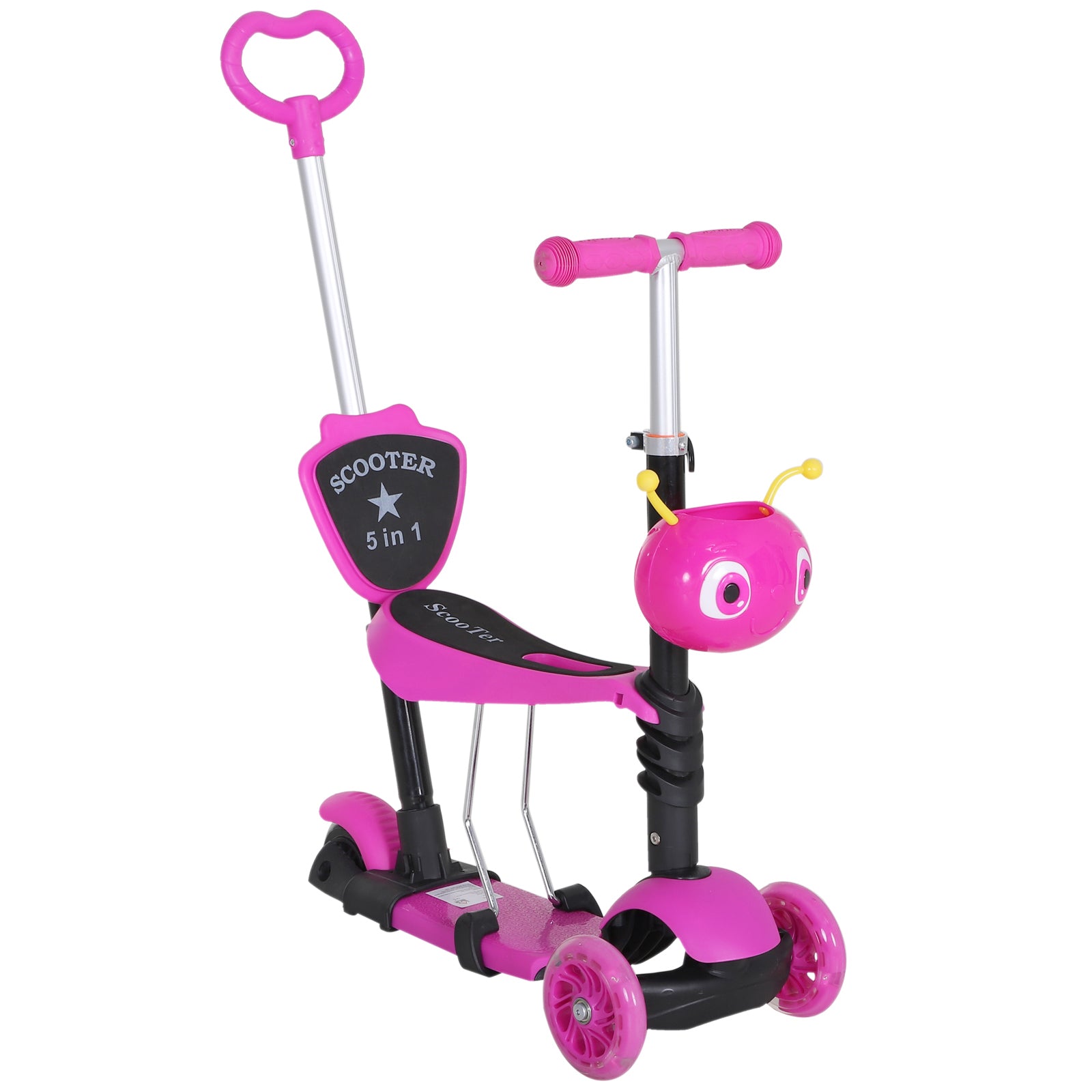 HOMCOM 5-in-1 Kids Toddler 3 Wheels Mini Kick Scooter Push Walker with Removable Seat & Back Rest for Girls and Boys Pink