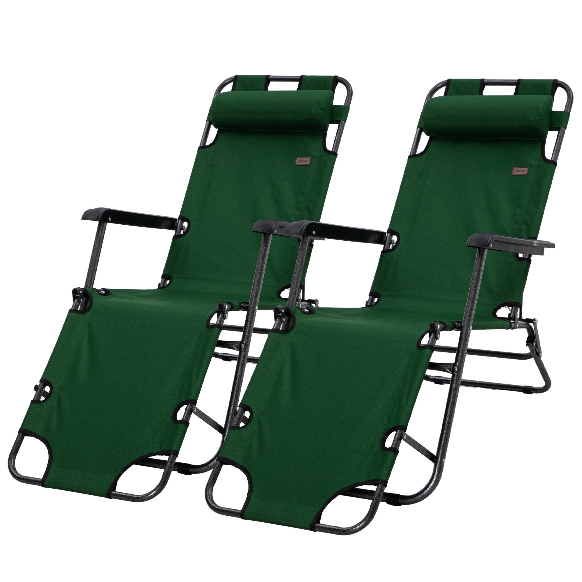 Outsunny Sun Loungers 2 Pack, 2 in 1 Folding Reclining Chairs with Adjustable Back and Pillow, Green