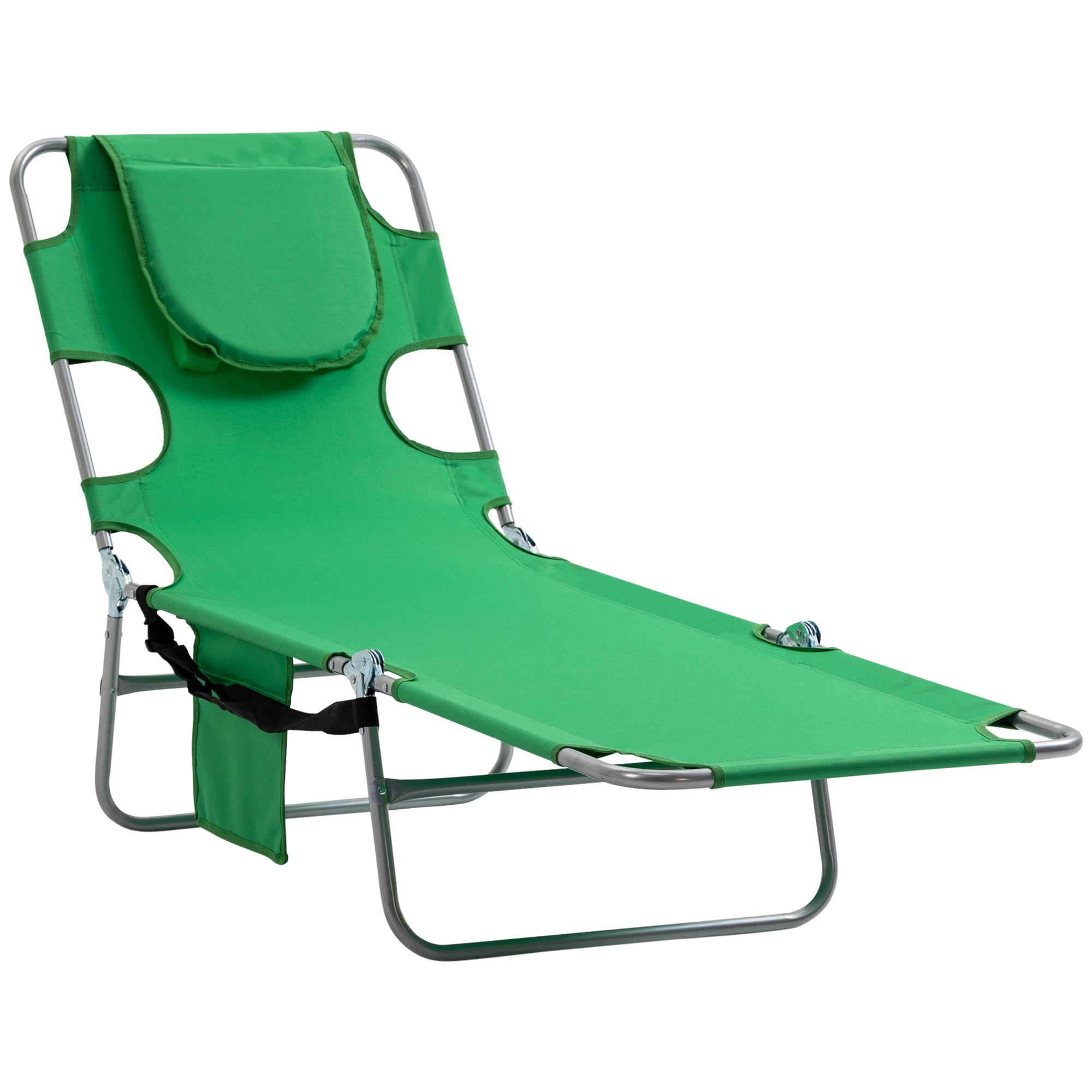 Outsunny Beach Chaise Lounge with Face Cavity & Arm Slots, Portable Sun Lounger, Reclining Lounge Chair for Patio Garden Beach Pool, Green