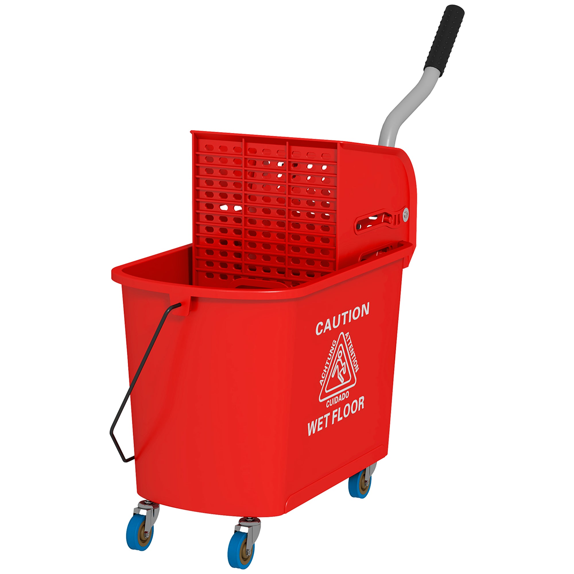 HOMCOM 20L Mop Bucket with Wringer and Handle, Mop Bucket on Wheels for Floor Cleaning, Separate Dirty and Clean Water, Red