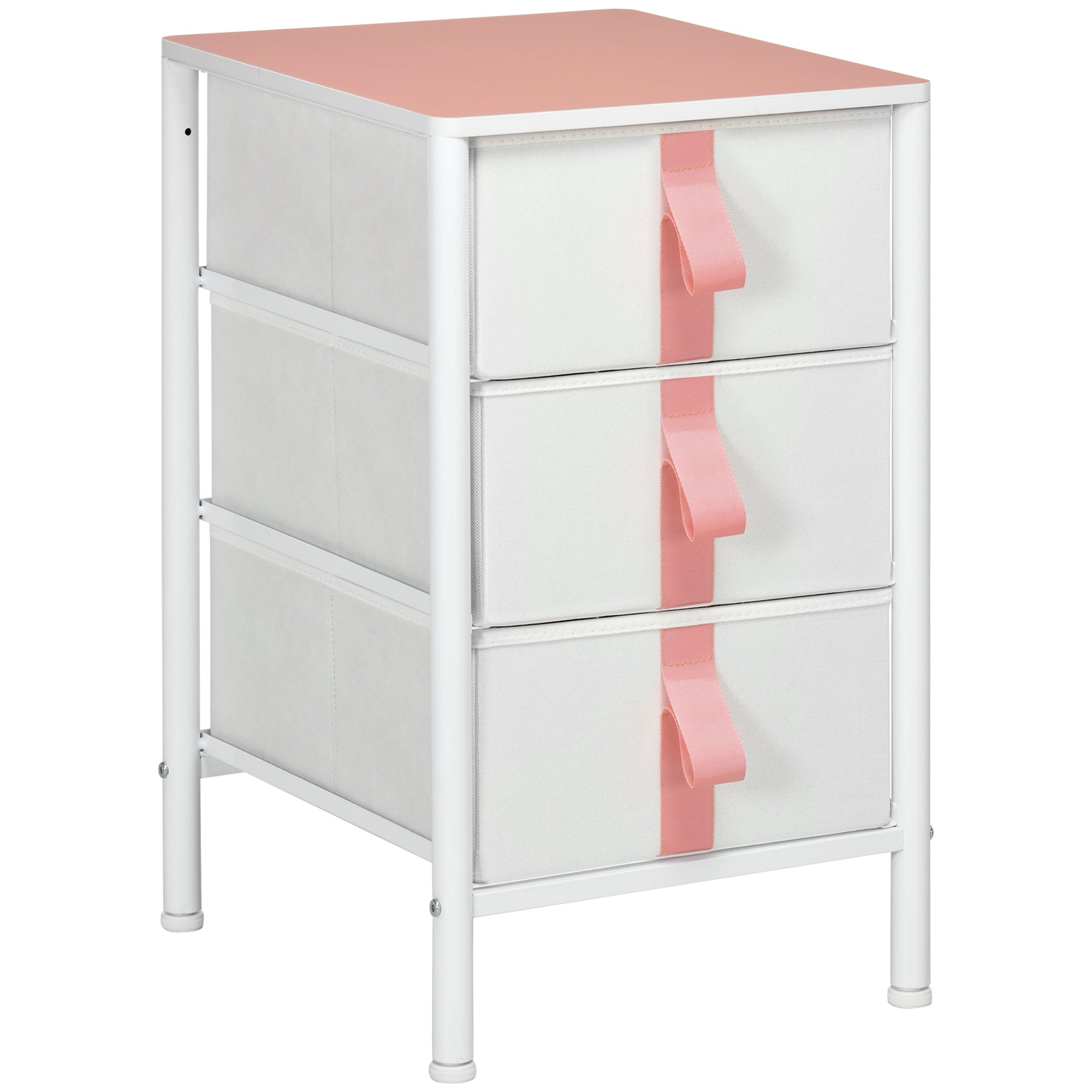 HOMCOM Chest of Drawers, Cloth Organizer Unit with 3 Fabric Drawers, Metal Frame and Wooden Top, Storage Cabinet for Kids Room, Living Room, Pink