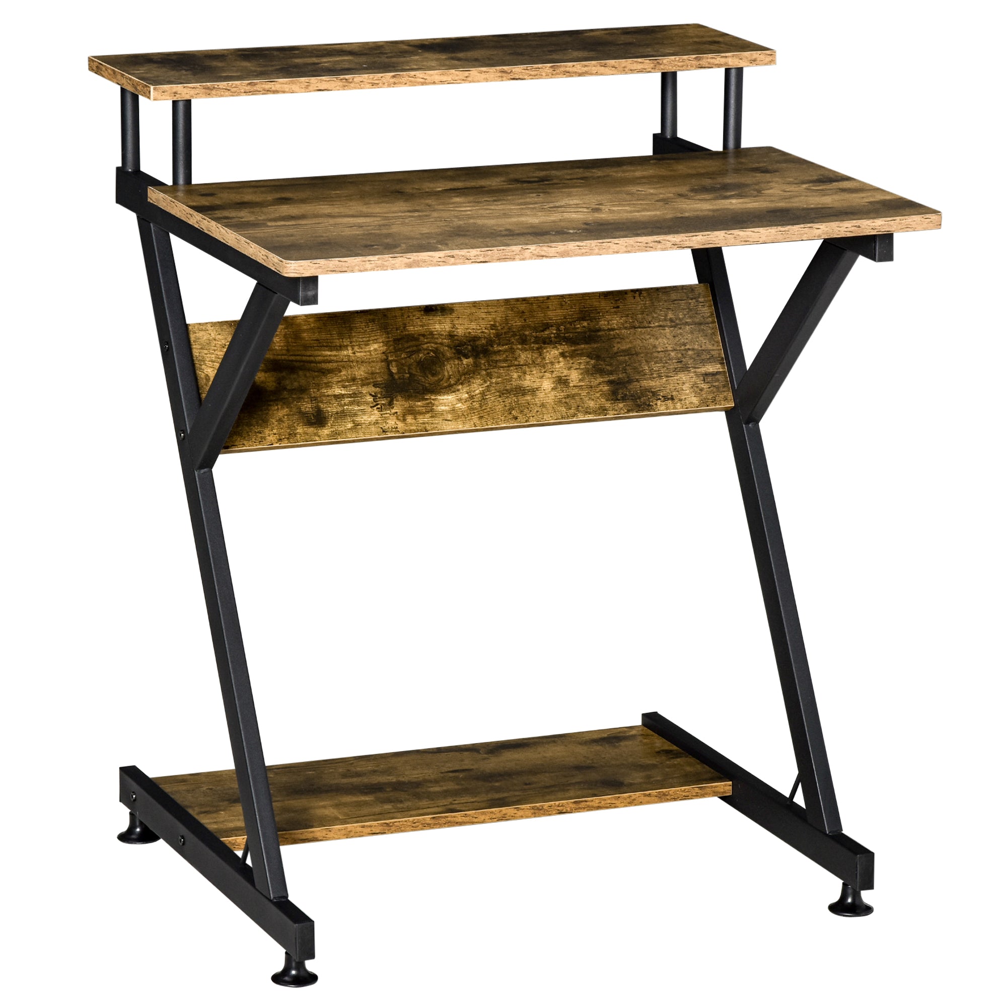 HOMCOM Compact R-Shaped Workstation: Monitor Shelf & Storage for Home Office, Study or Gaming, Rustic Brown