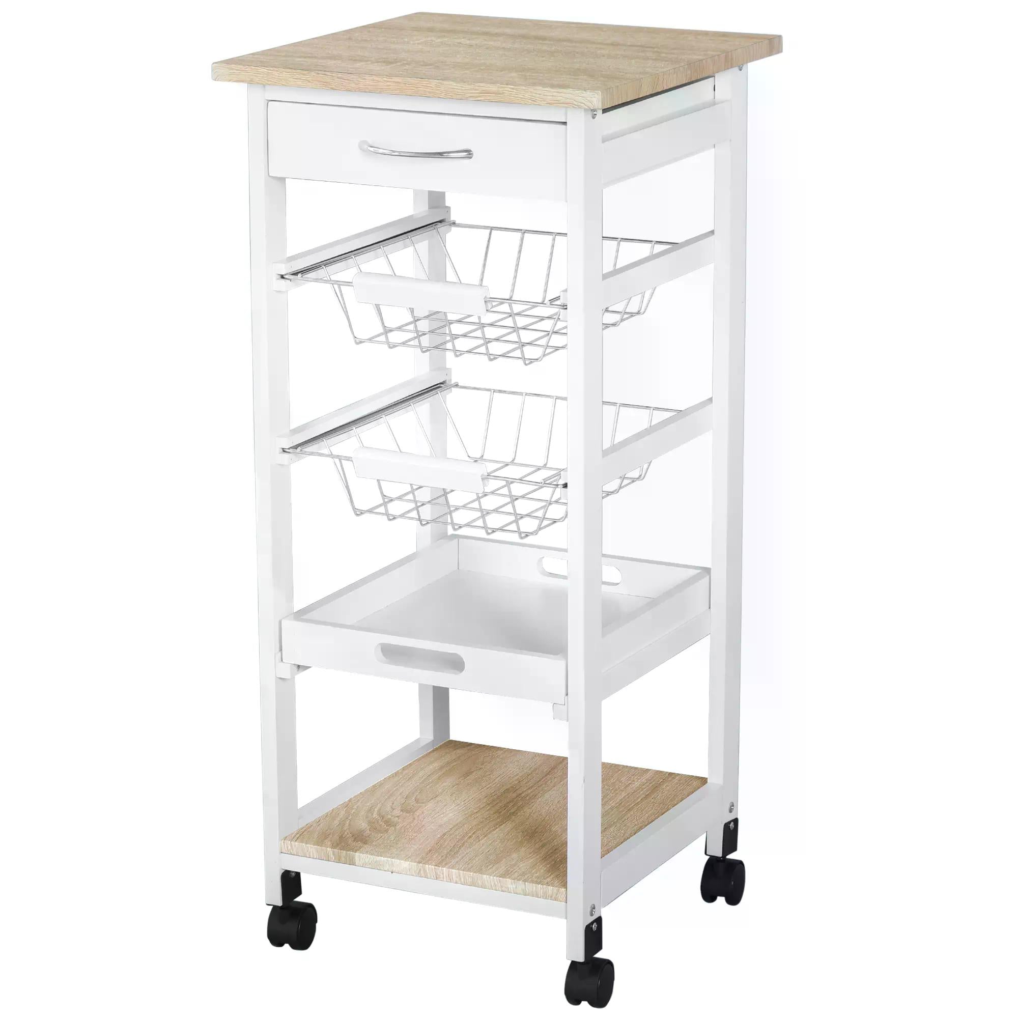 HOMCOM Mobile Rolling Kitchen Island Trolley for Living room, Serving Cart with Drawer & Basket, White