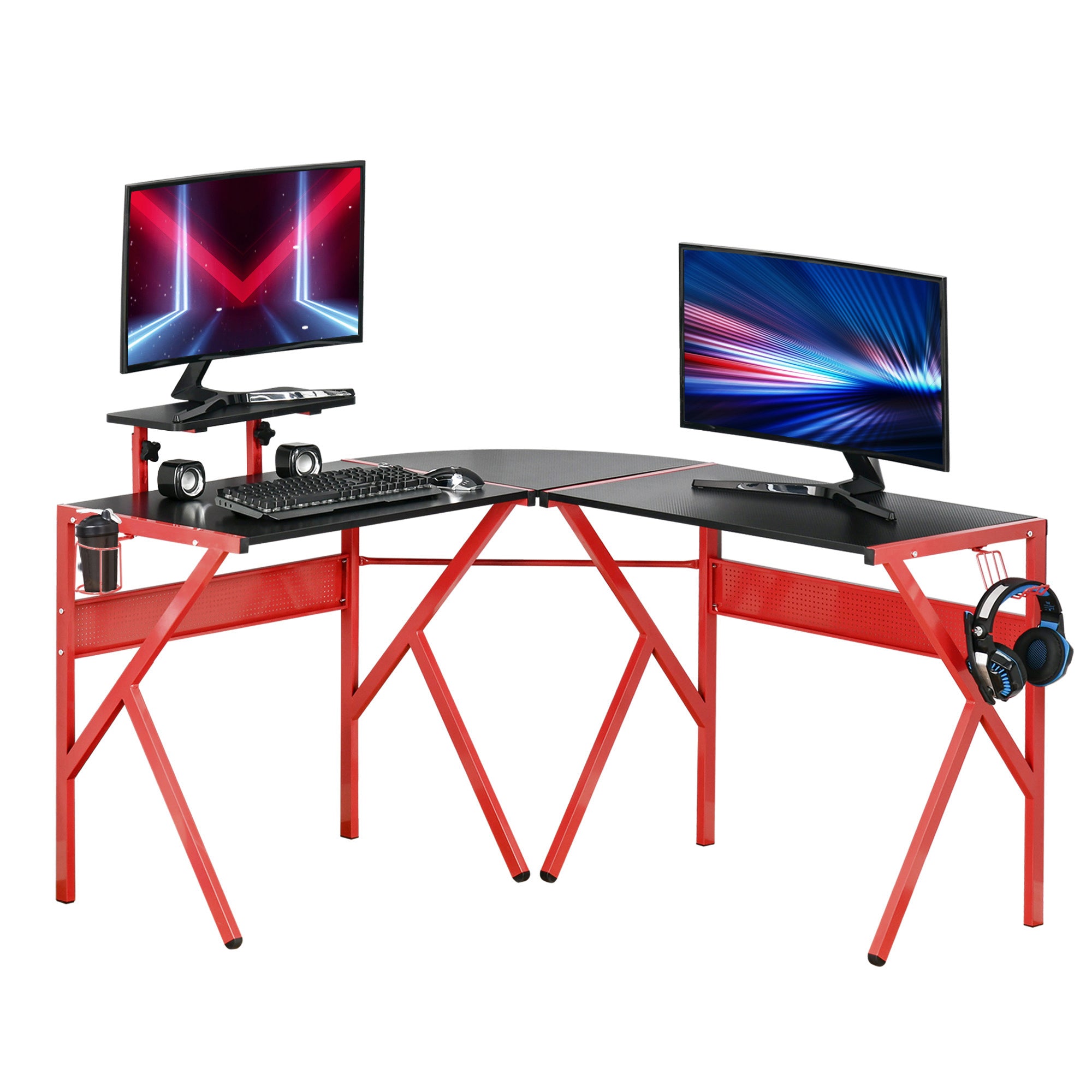 HOMCOM Gaming Desk L-Shaped Corner Computer Table for Home Office PC Workstations with Adjustable Monitor Stand , Red