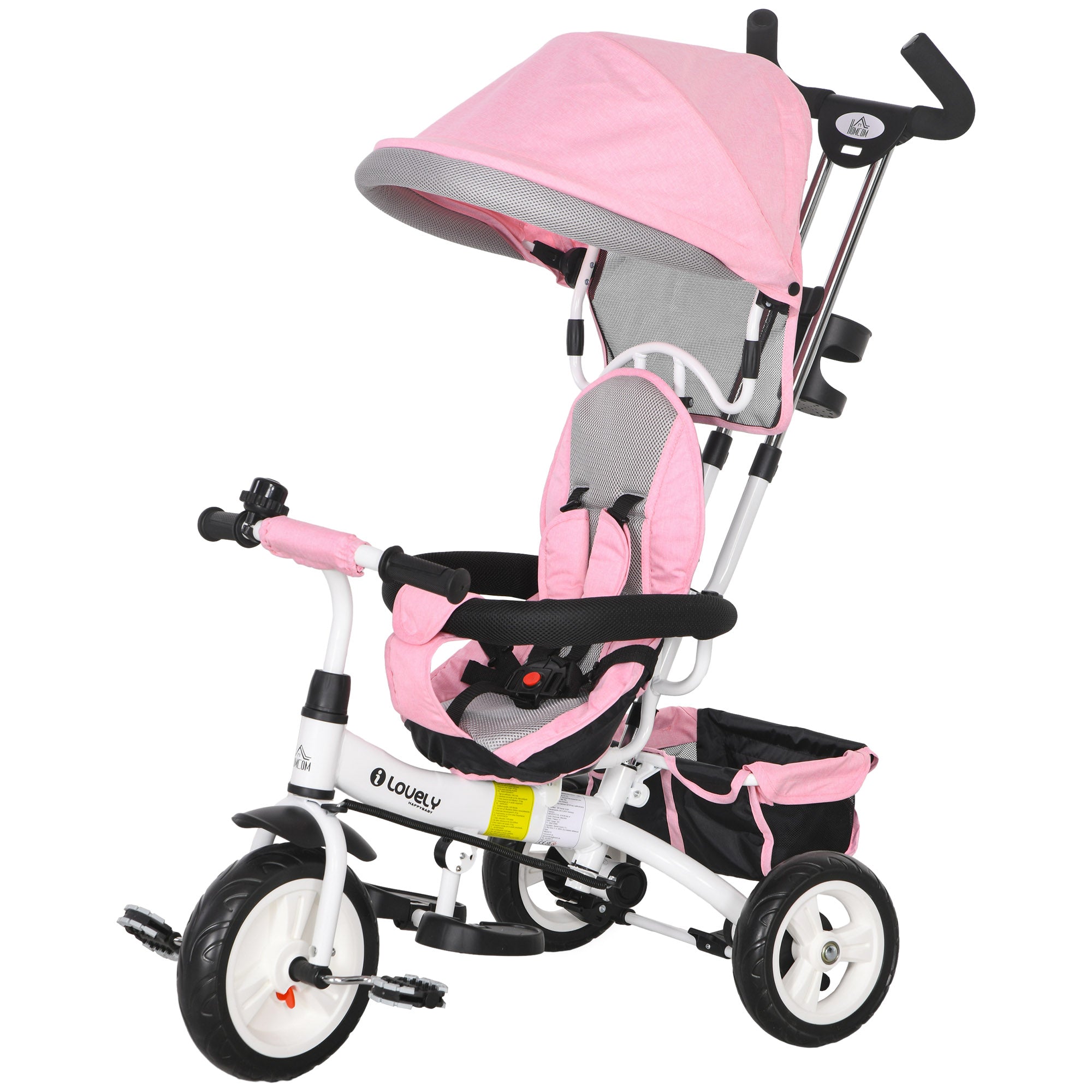 HOMCOM 4 in 1 Kids Trike Push Bike w/ Push Handle, Canopy, 5-point Safety Belt, Storage, Footrest, Brake, for 1-5 Years, Pink