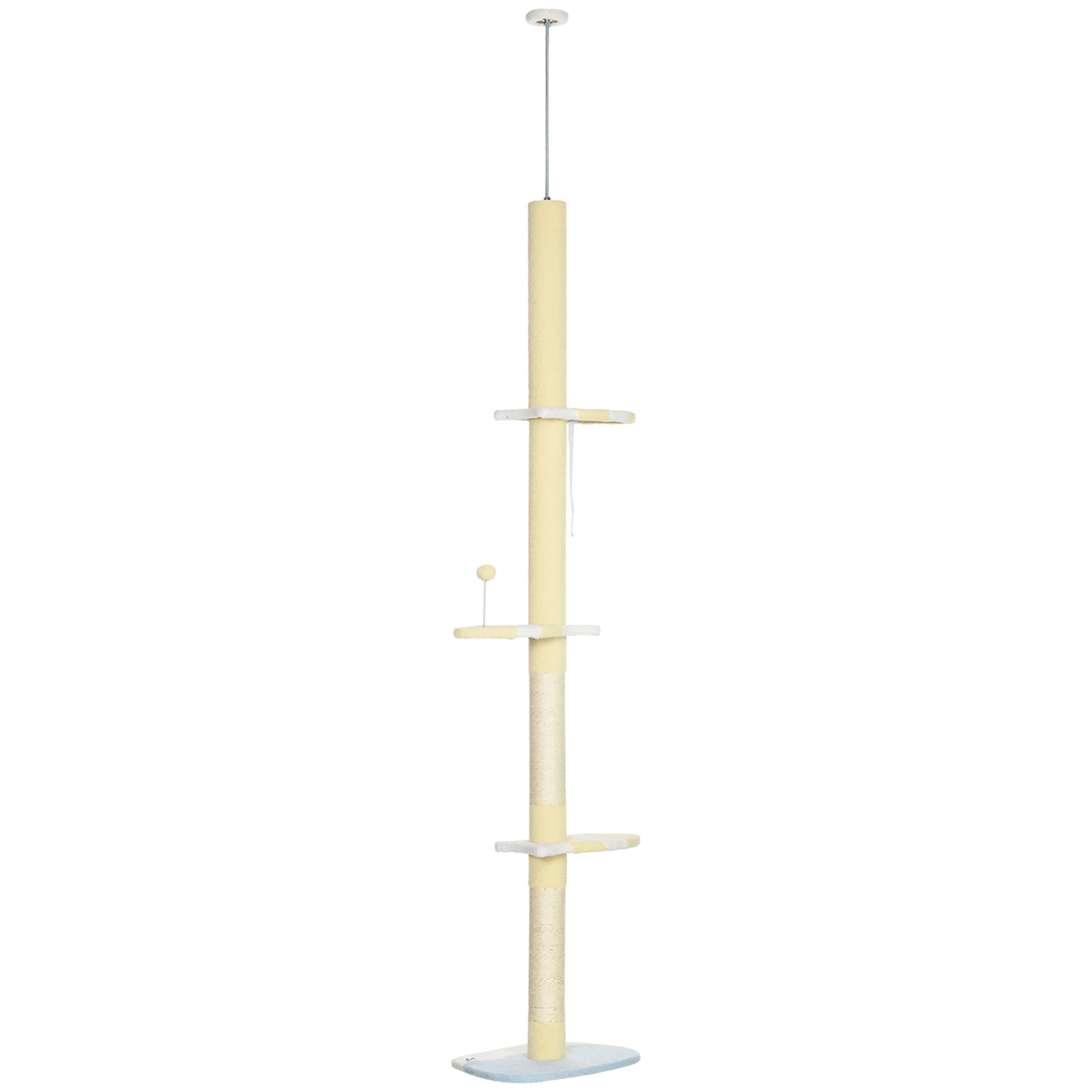 PawHut 260cm Cat Tower Cat Tree, Floor to Ceiling, Height Adjustable with Anti-slip Kit and Fish-shaped Scratching Post Ball, Yellow