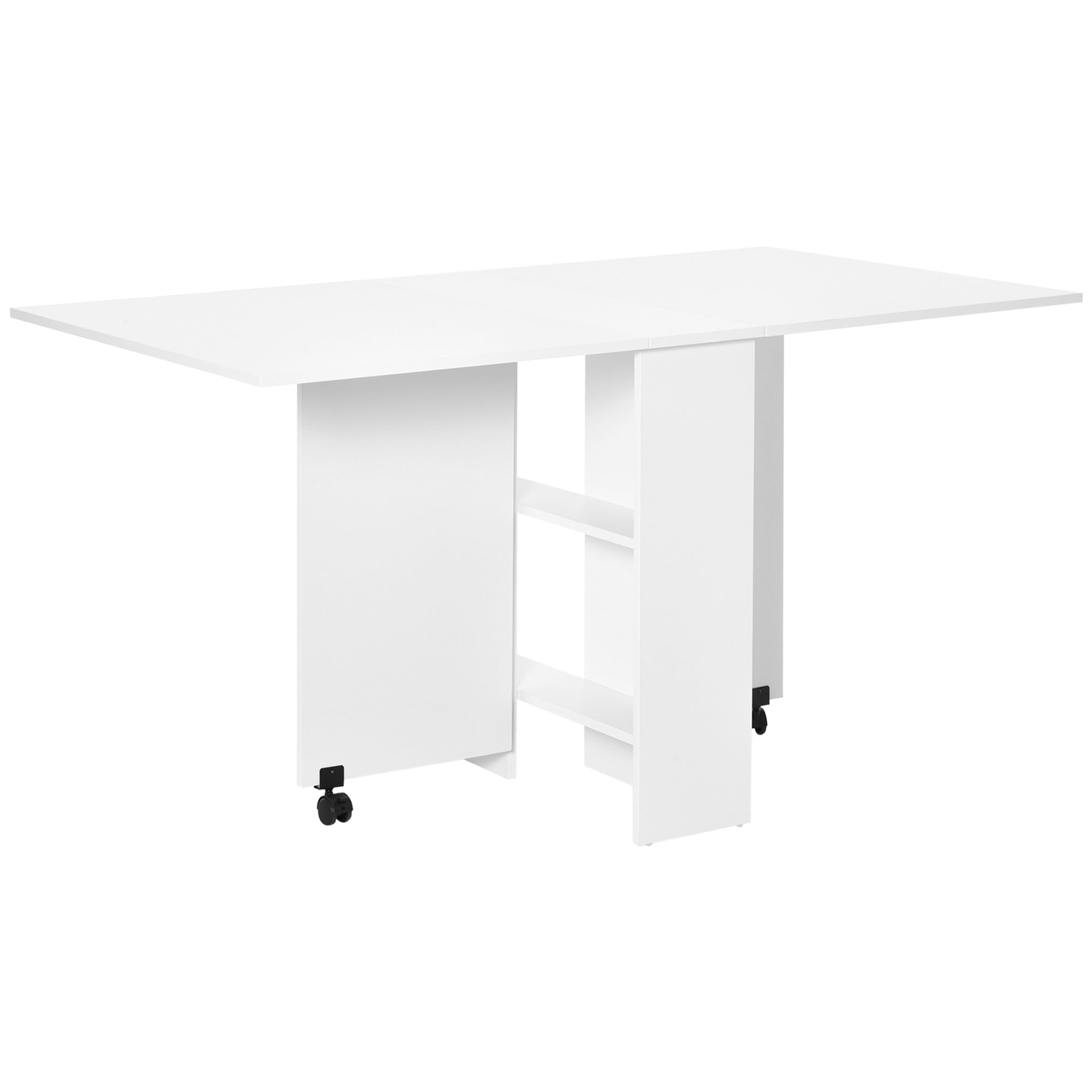 HOMCOM Mobile Drop Leaf Dining Kitchen Table Folding Desk For Small Spaces With 2 Wheels & 2 Storage Shelves White