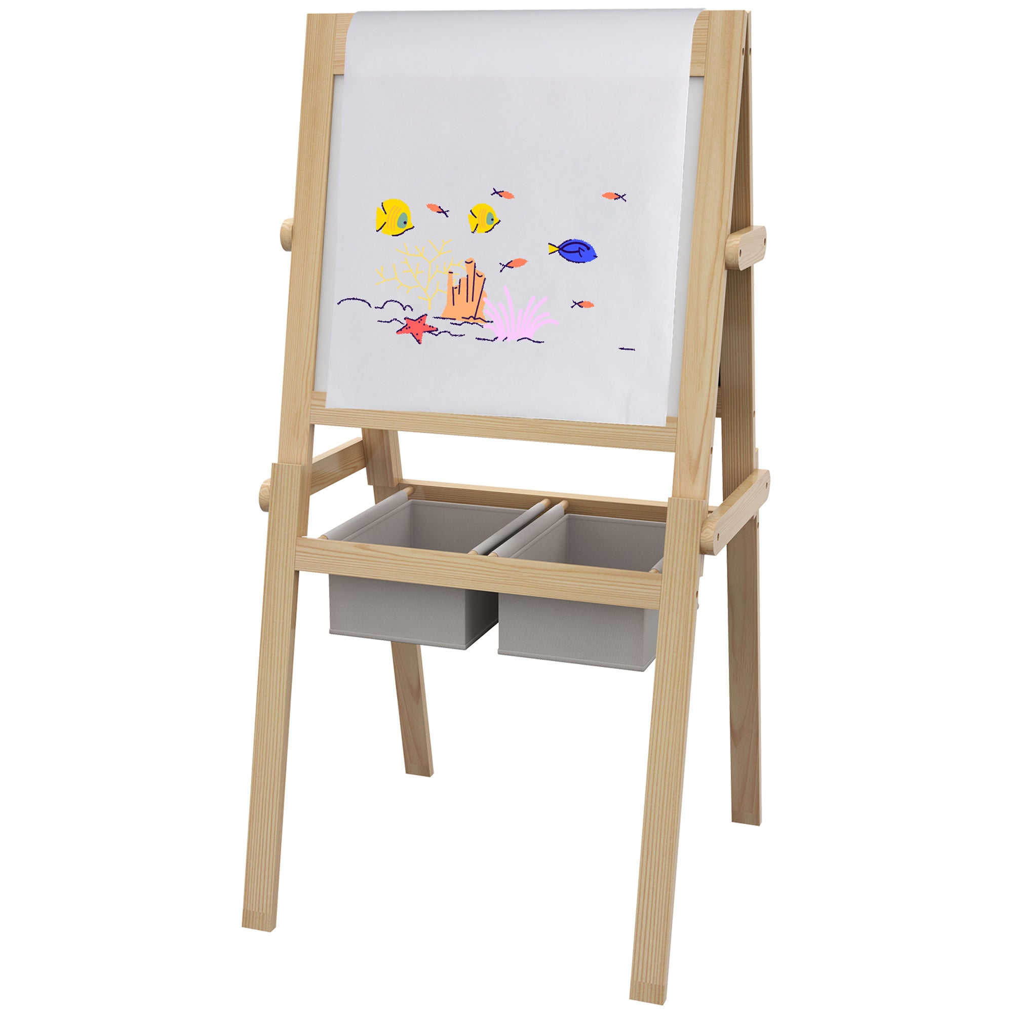 AIYAPLAY Kids Easel with Paper Roll, 3 in 1 Art Easel for Toddlers, Double-Sided Kids Whiteboard Blackboard with Storage Baskets for Ages 3-6 Years - Natural Wood Finish