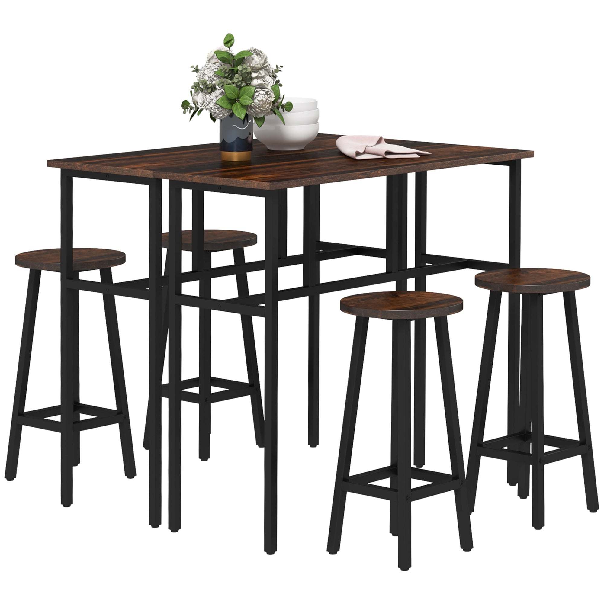 HOMCOM 6-Piece Bar Table Set, 2 Breakfast Tables with 4 Stools, Counter Height Dining Tables & Chairs for Kitchen, Living Room, Rustic Brown