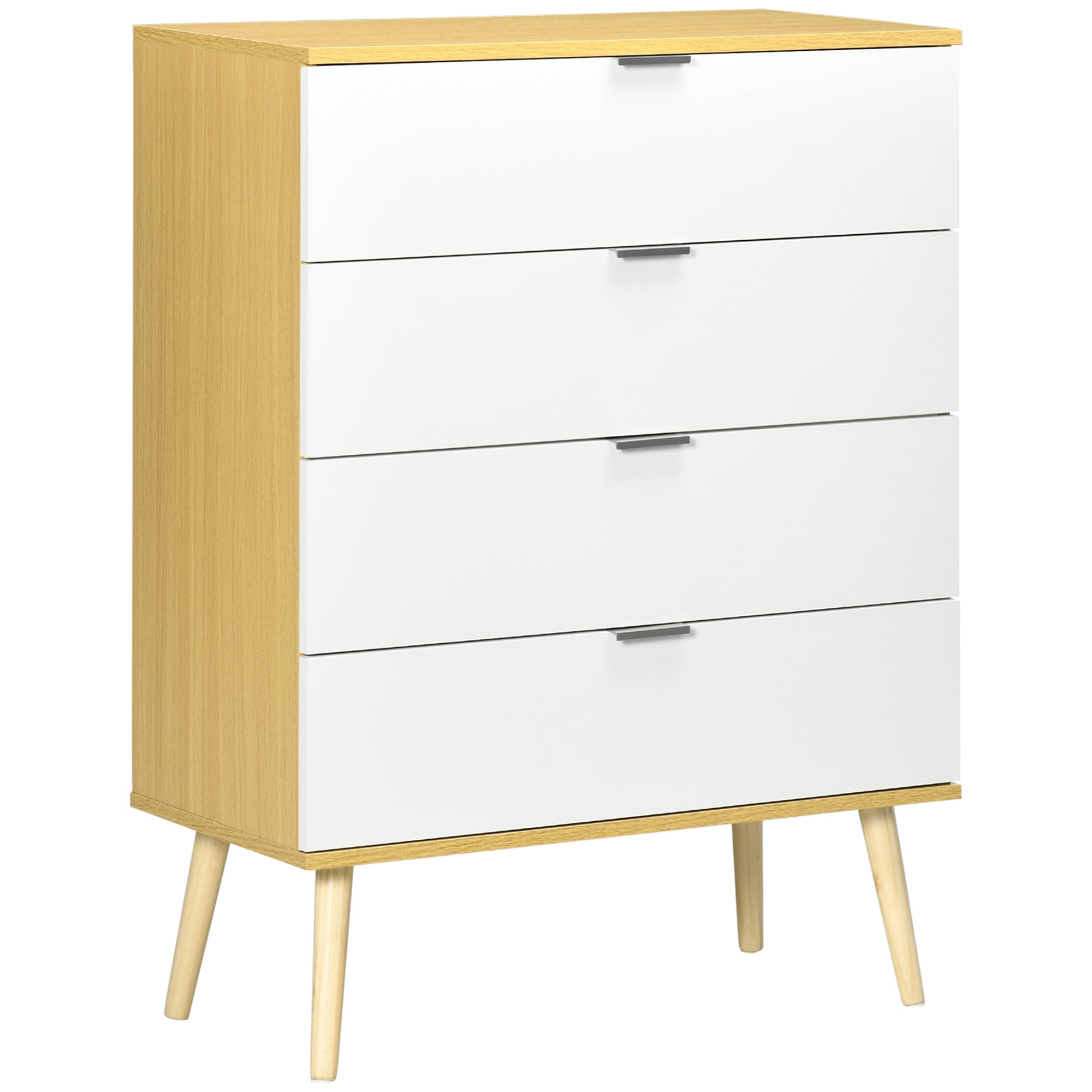 HOMCOM Chest of Drawers, 4-Drawer Storage Organiser Unit with Pine Wood Legs for Bedroom, Living Room, White and Natural