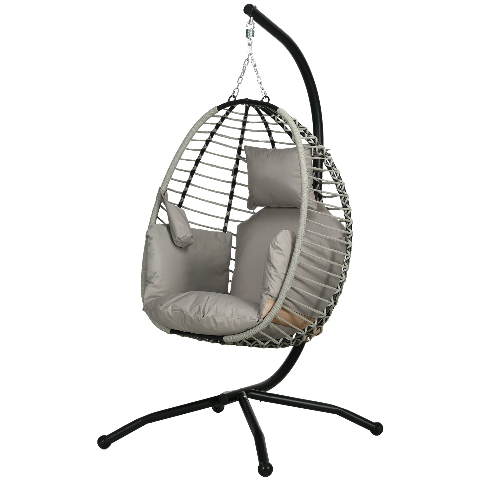 Outsunny Outdoor Swing Chair with Thick Padded Cushion, Patio Hanging Chair w/ Metal Stand, Foldable Basket, Cup Holder, Rope Structure