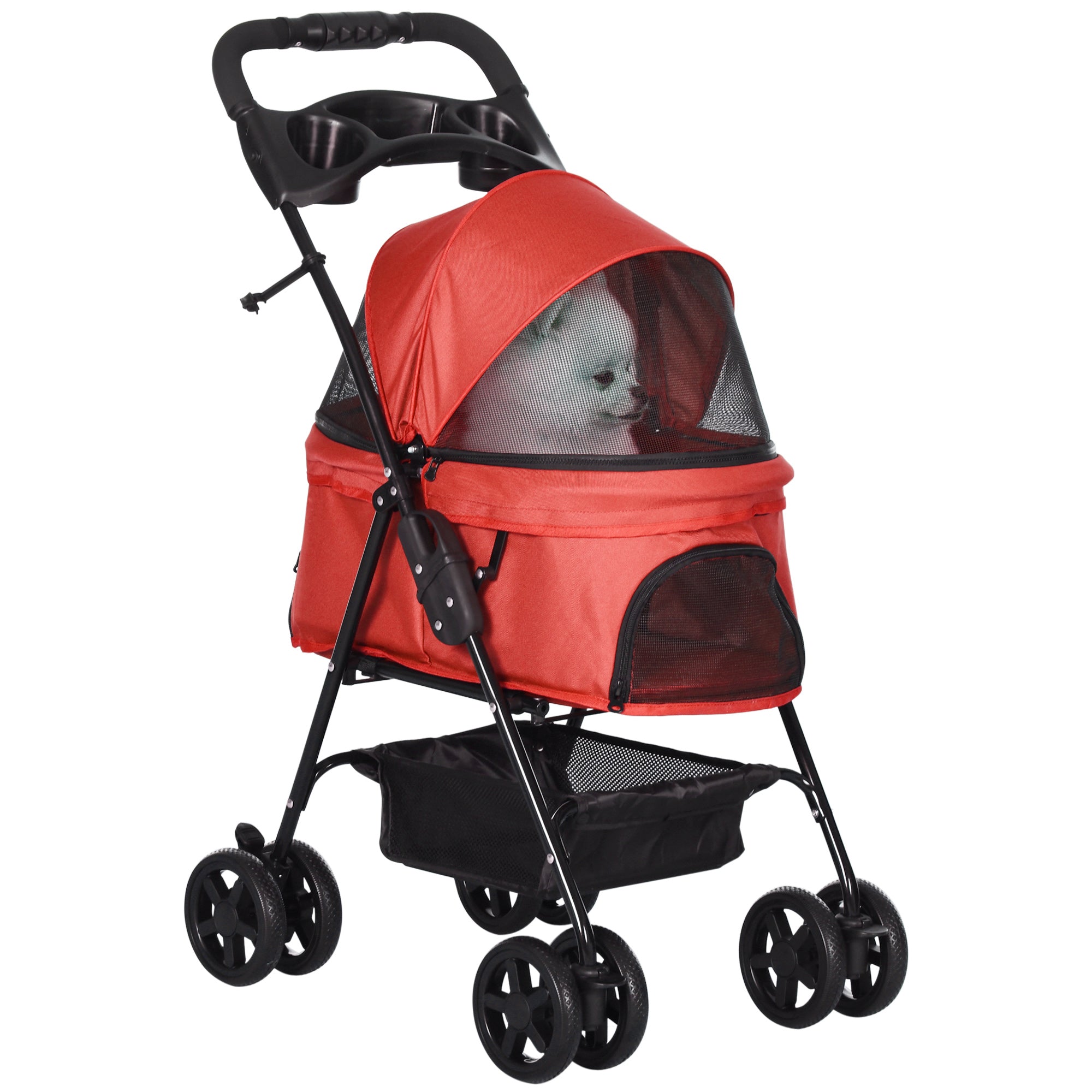 PawHut Pet Pram: No-Zip Foldable Trolley with EVA Wheels, Brake, Basket, Canopy & Leash, Crimson Red