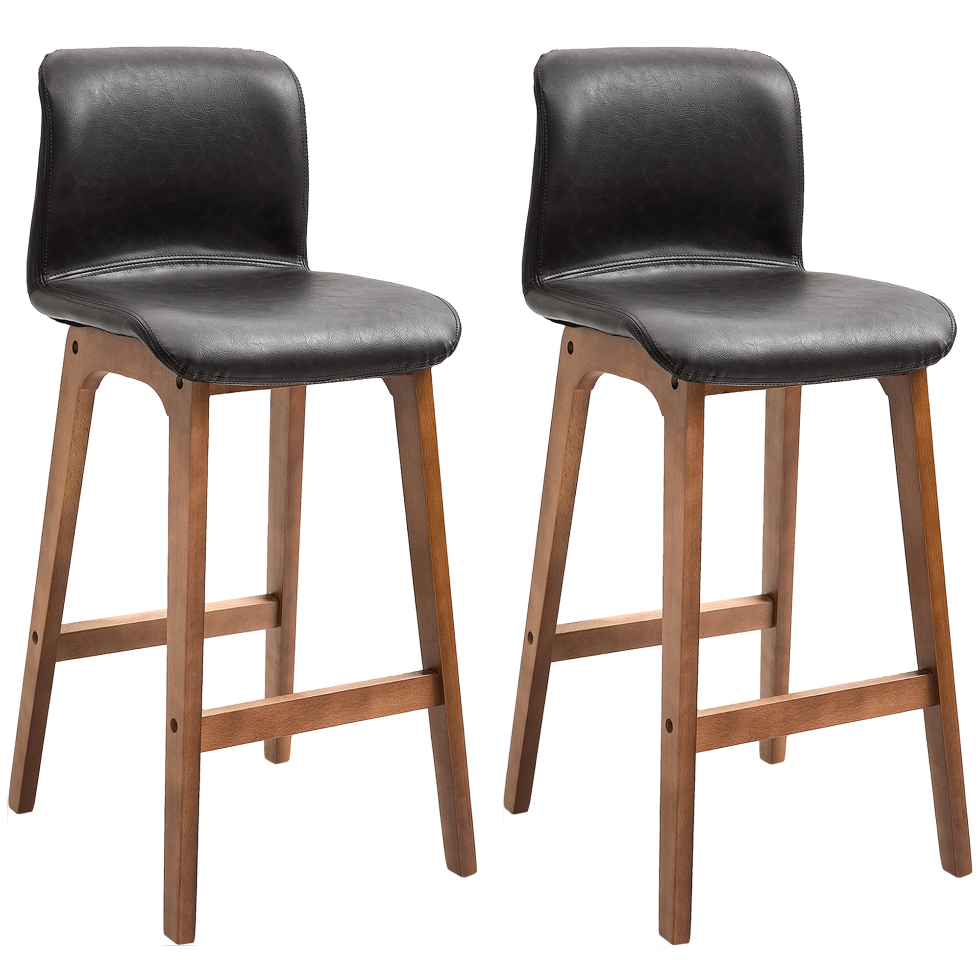 HOMCOM Modern Bar Stools Set of 2, PU Leather Upholstered Bar Chairs with Wooden Frame, Footrest for Home Bar, Dining Room