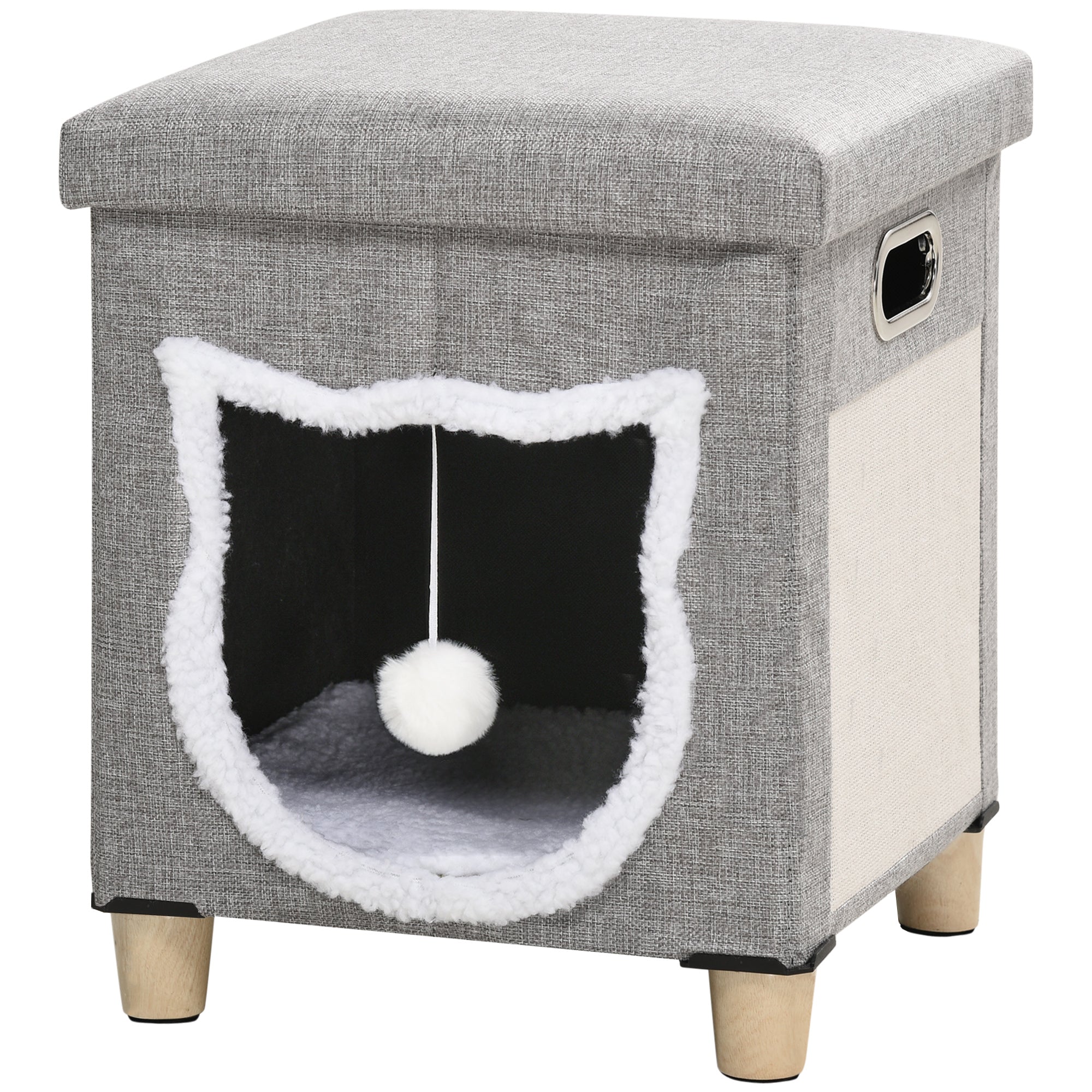 PawHut Cat Ottoman Bed 2-in-1, Cosy Cave with Cushion, Scratcher, Handles, Anti-Slip, Toy Ball, Grey