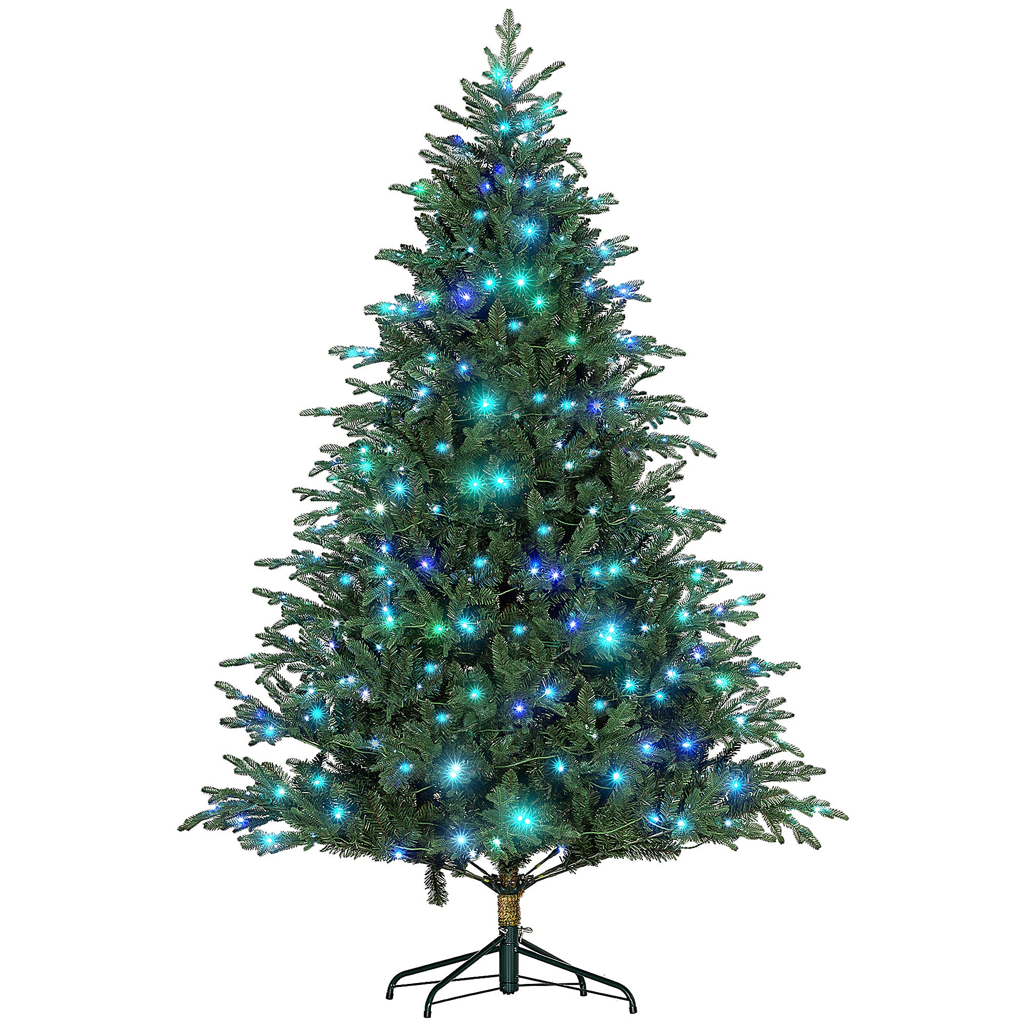 HOMCOM 2.1m/7ft Artificial Christmas Tree with 400 Multicoloured LED Lights, 8 Modes and Remote, Hinged Pre Lit Xmas Tree with Metal Stand for Party Decoration, Green