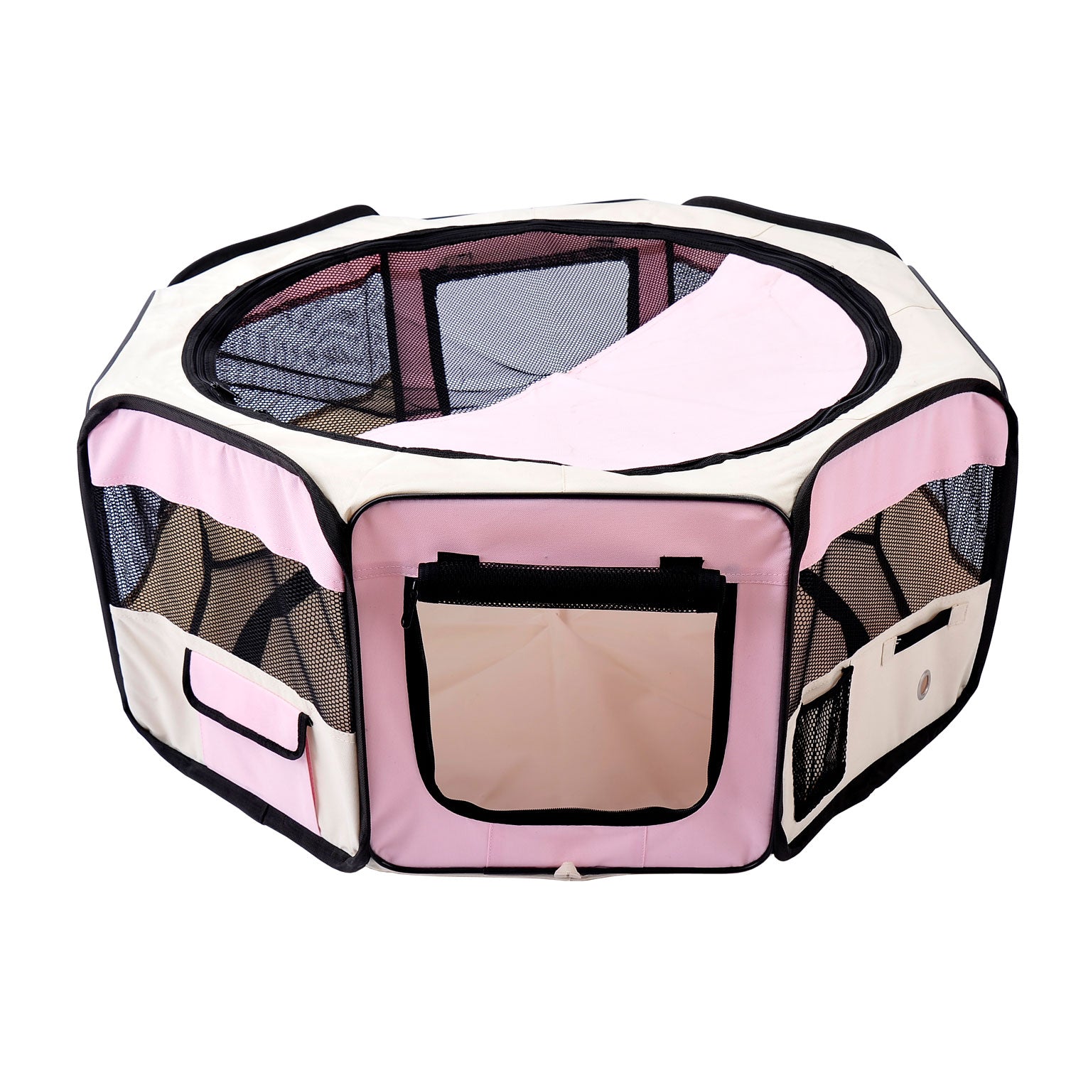 PawHut Playpen for Small Pets, Fabric Construction, Ideal for Puppies, Cats, Rabbits, Guinea Pigs, Dia90 x 41H cm, Pink and Cream