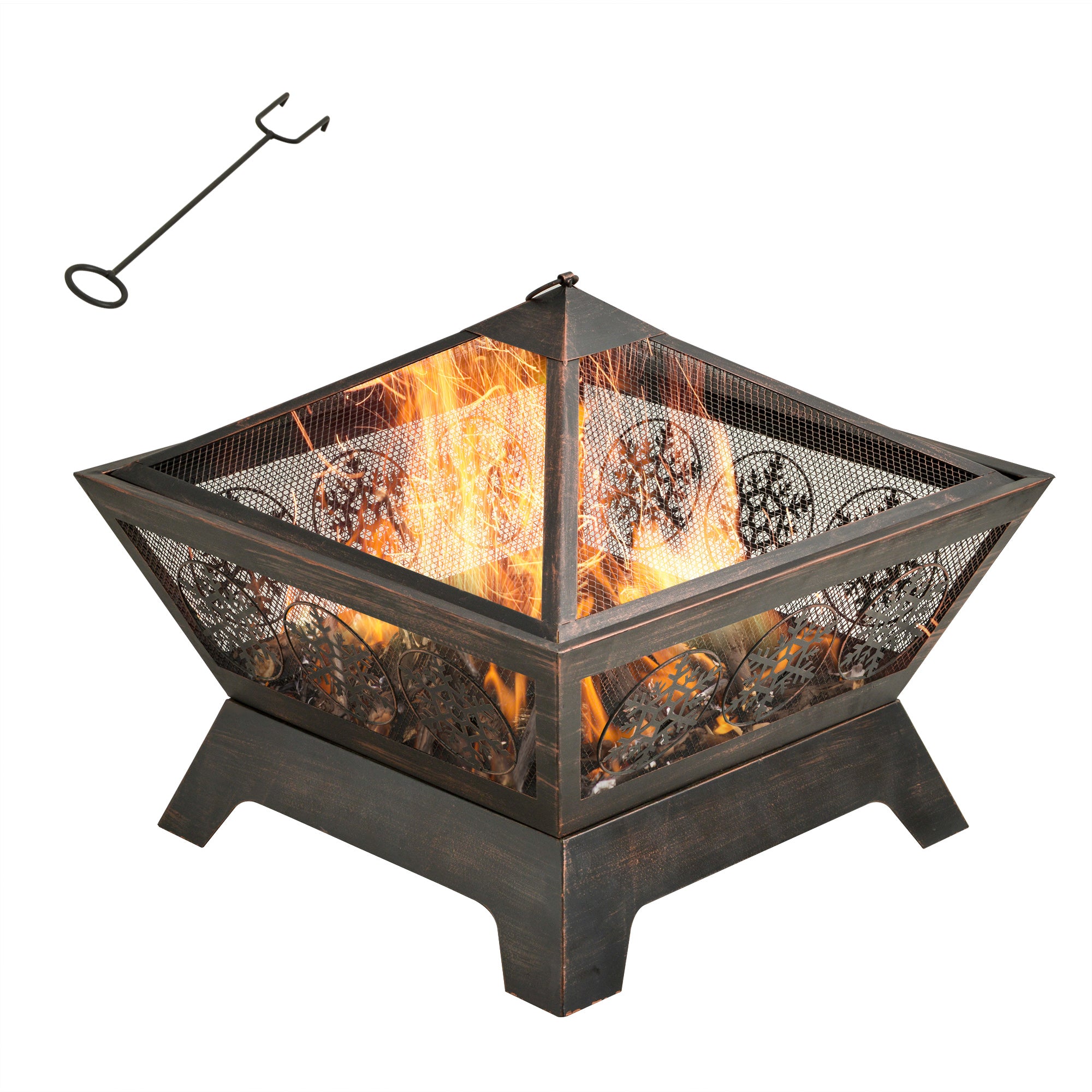 Outsunny Metal Fire Pit: Square Outdoor Patio Firepit Bowl with Spark Screen & Poker, 61 x 61 x 52cm, Black Finish