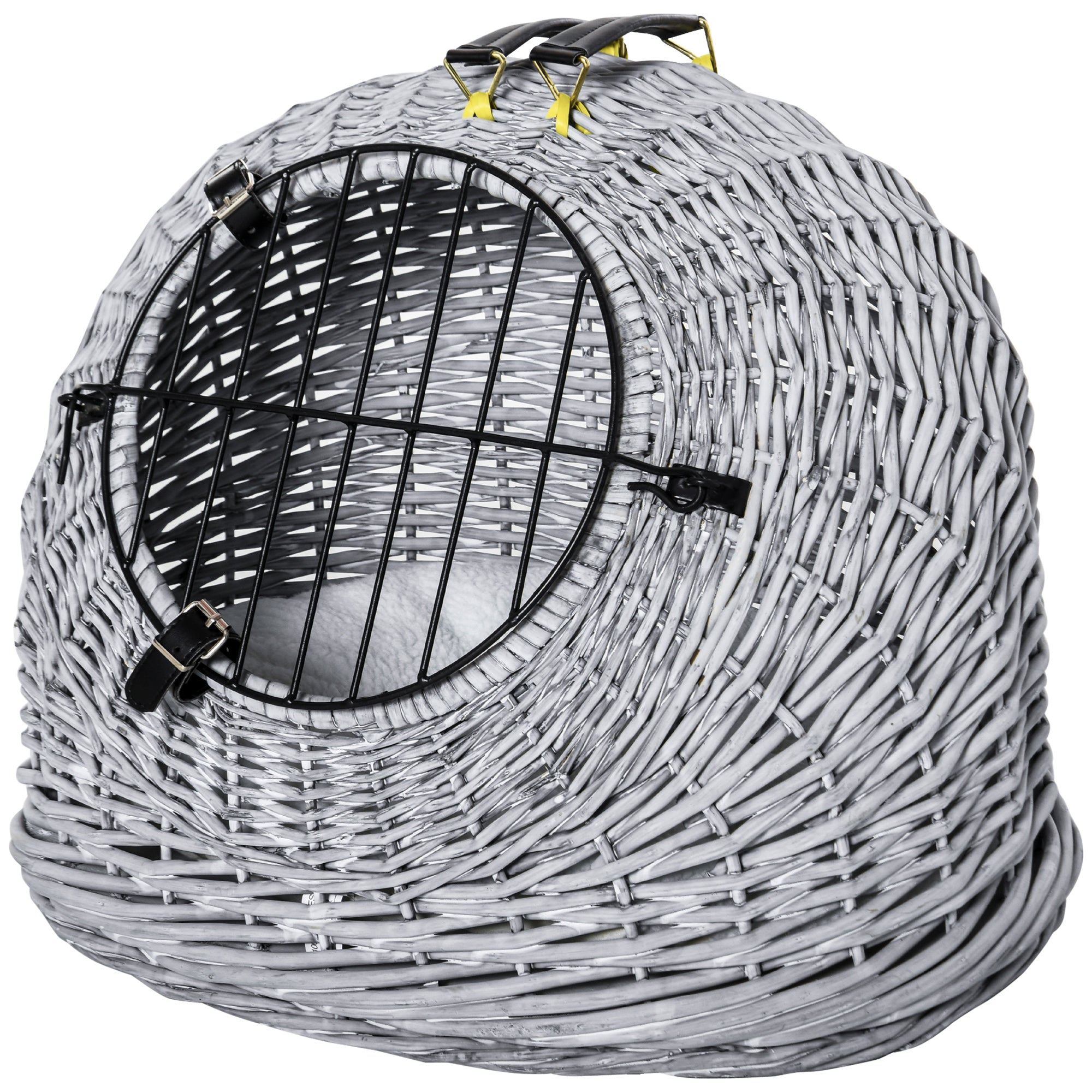 PawHut Cats Wicker Travel Carrier Basket w/ Plush Cushion Grey