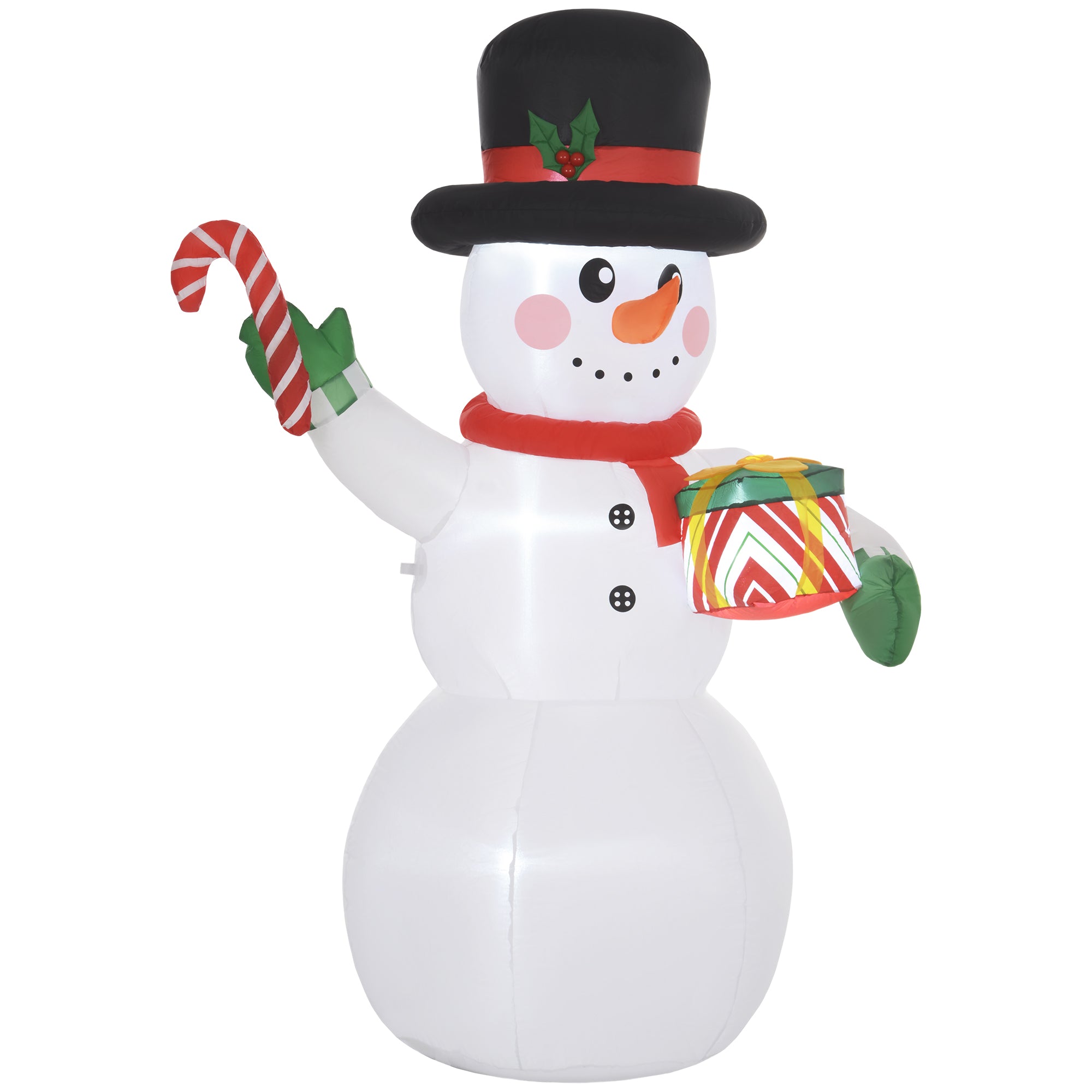 Outsunny 6FT Christmas Inflatable Snowman with Candy Cane and Gift Box, Christmas Blow Up Snowman with Built-in LED Light for Indoor, Outdoor, Party | Aosom UK