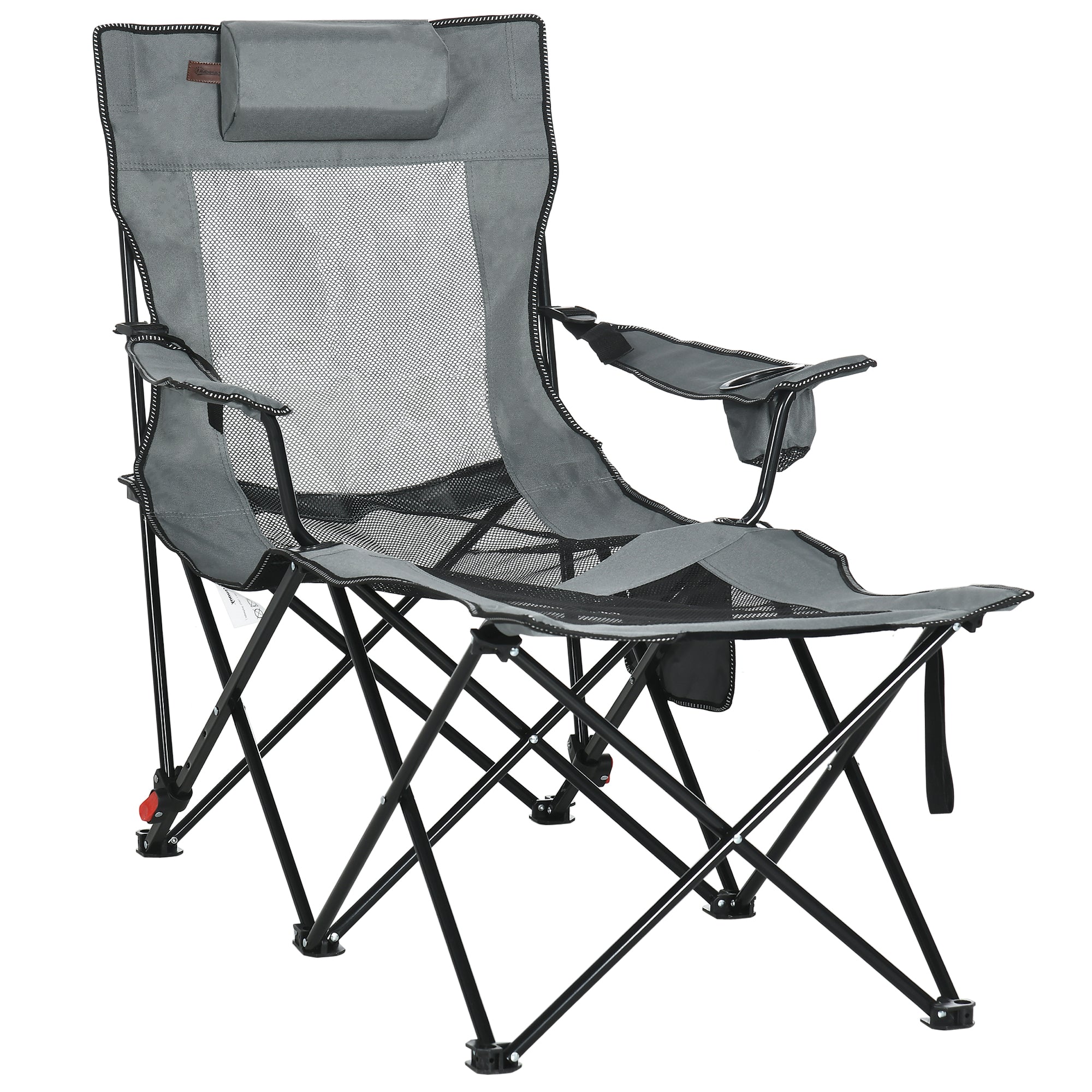 Outsunny Reclining Garden Chair, Foldable with Footrest, Adjustable Backrest, Headrest, Cup Holder, Carry Bag, Grey