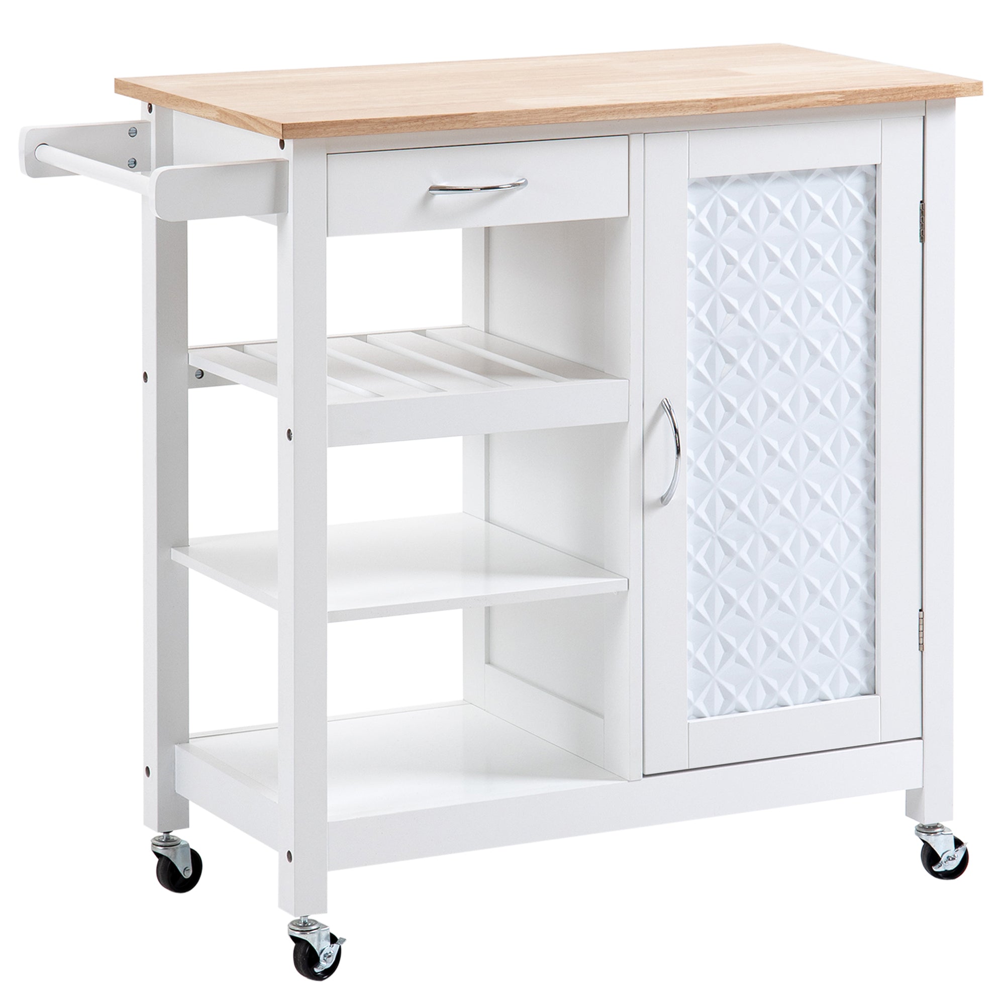 HOMCOM Kitchen Cart on Wheels with Embossed Door Panel, Utility Kitchen Island with Storage Drawer, White