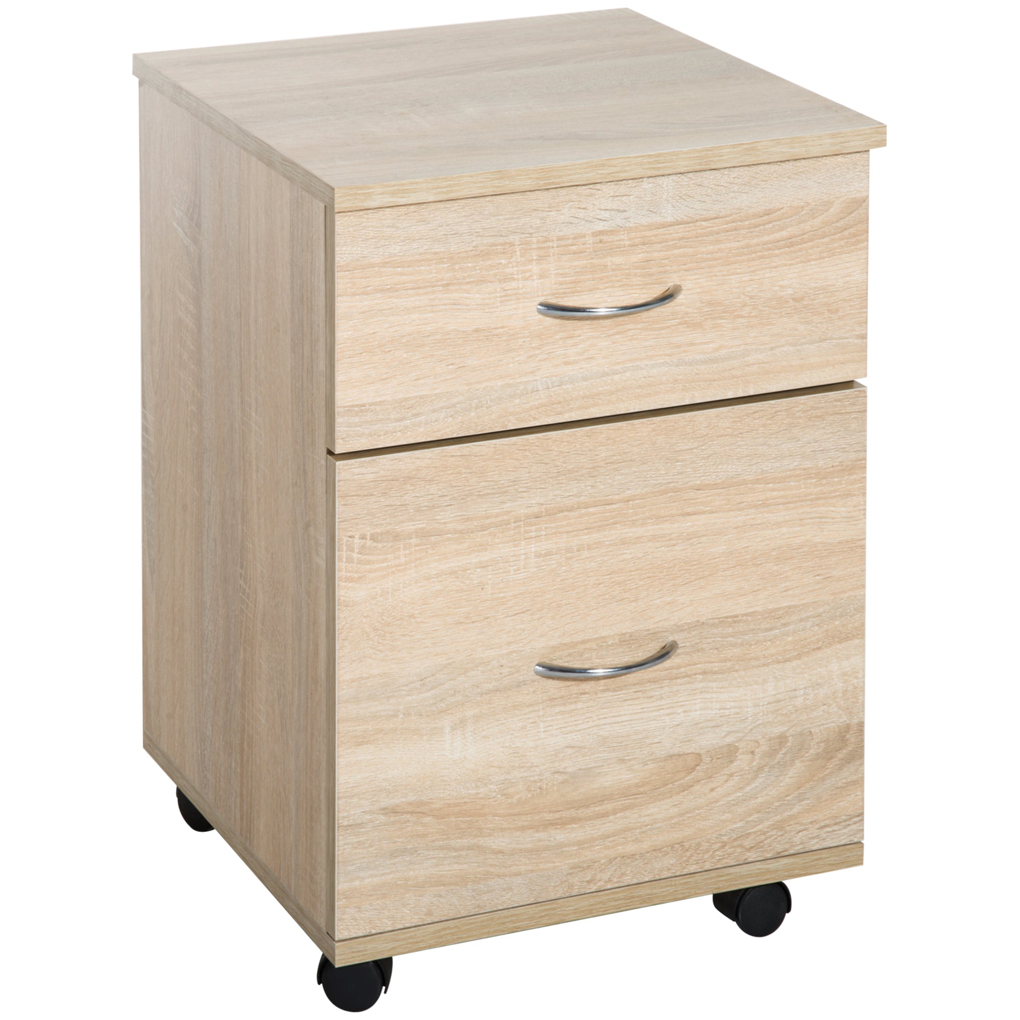 HOMCOM File Cabinet Cupboard Storage with Two Drawers, Table Storage Box with Wheels, Cabinet Bedside Table Storage Box, Oak