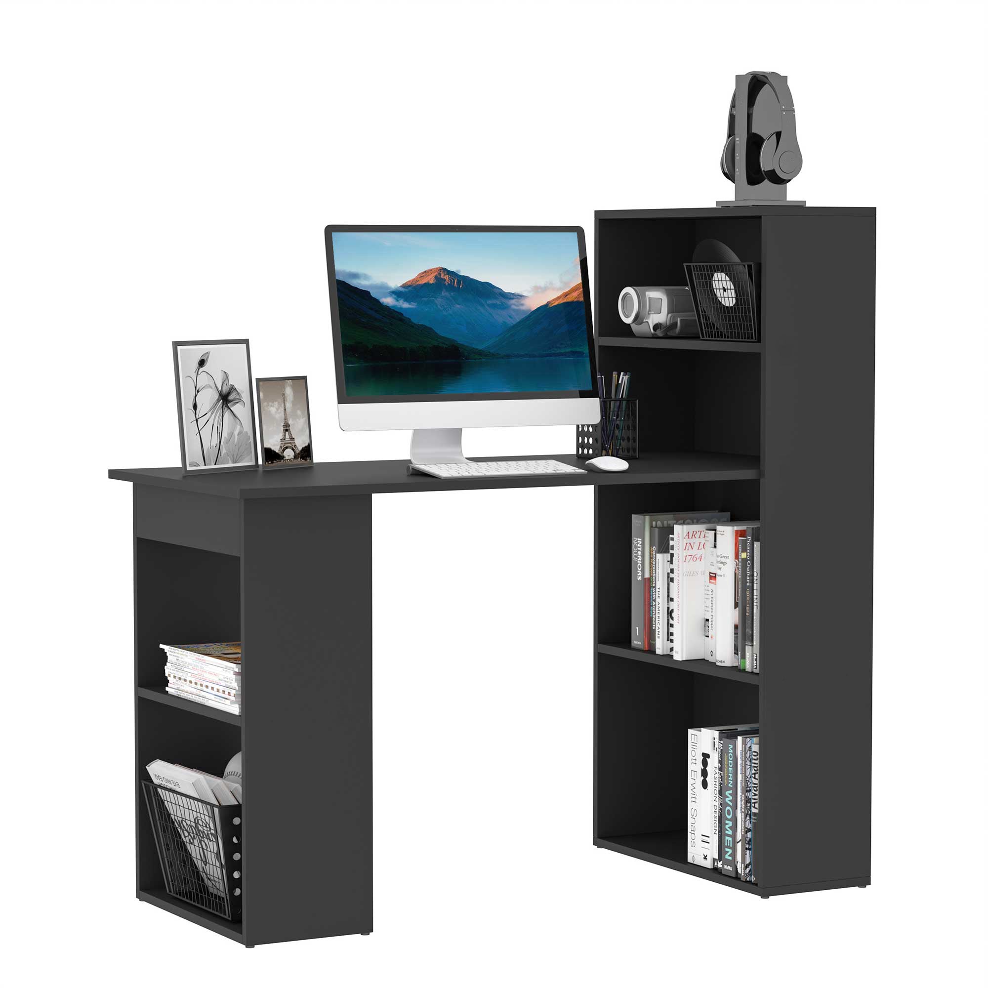 HOMCOM 120cm Modern Computer Desk Bookshelf  Writing Table Workstation PC Laptop Study Home Office 6 Shelves Black