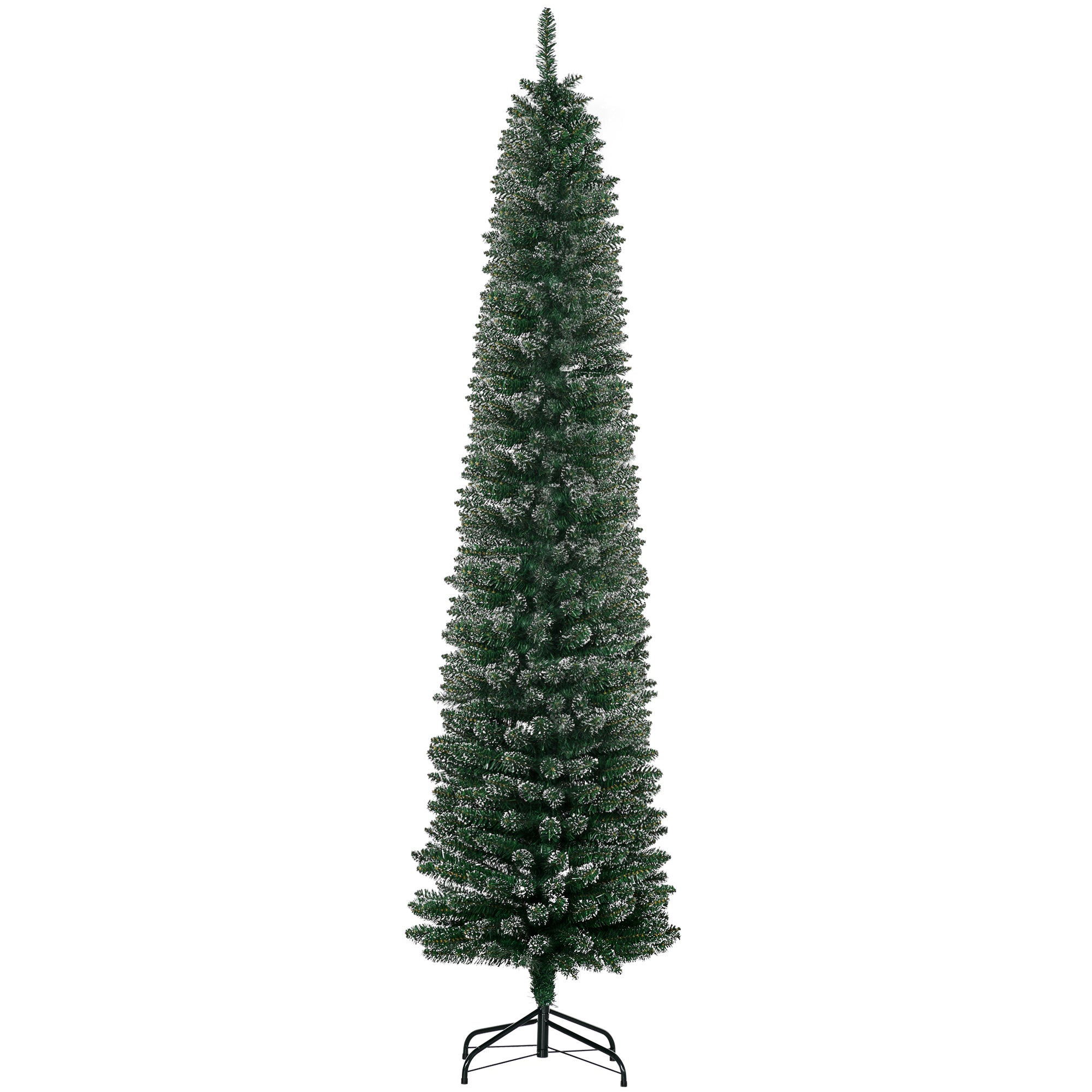 HOMCOM 7.5FT Artificial Christmas Tree Snow Dipped Xmas Pencil Tree Holiday Home Indoor Decoration with Foldable Black Stand, Green