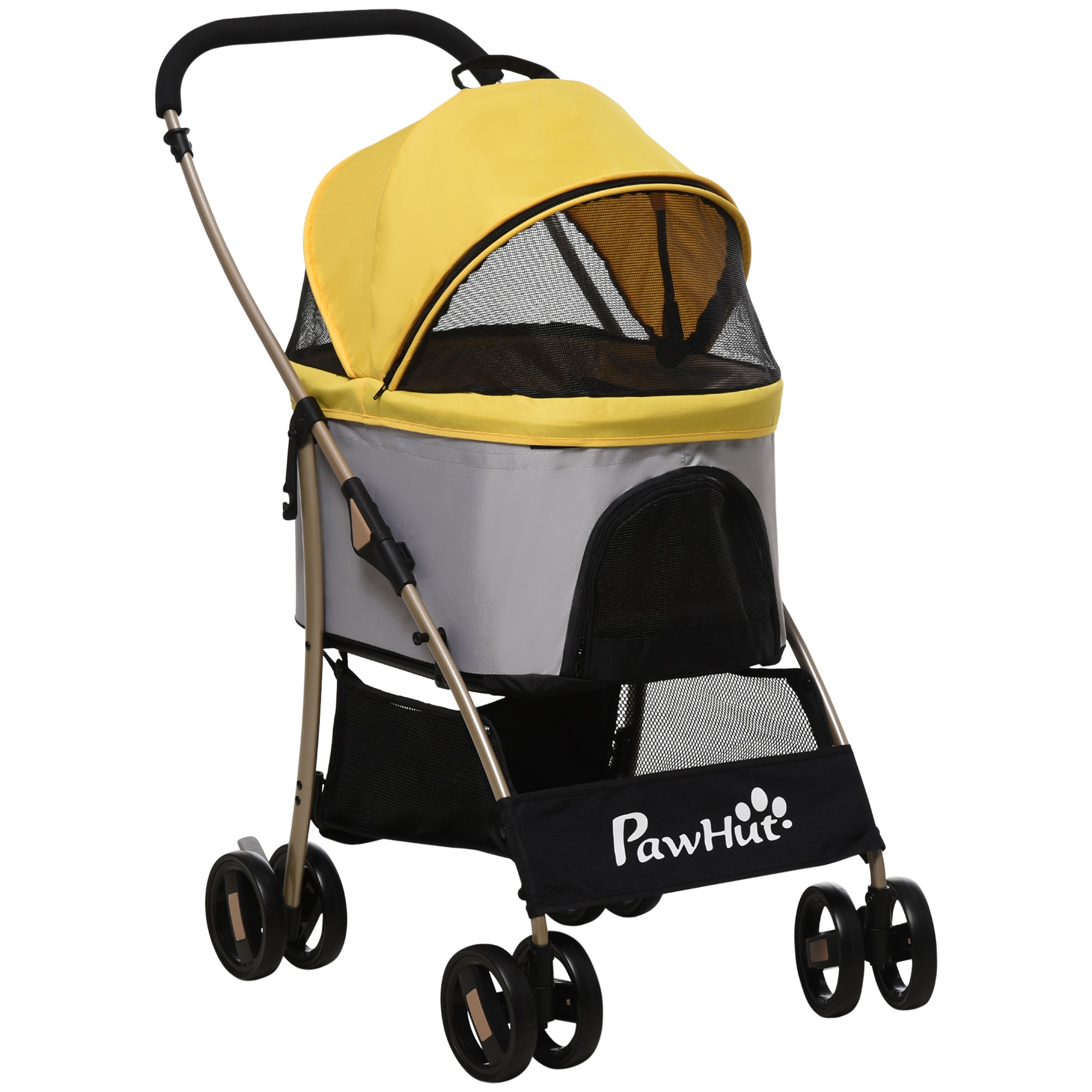 PawHut 3-In-1 Dog Pushchair, Detachable Pet Travel Stroller with Brake, Canopy, and Storage, Yellow