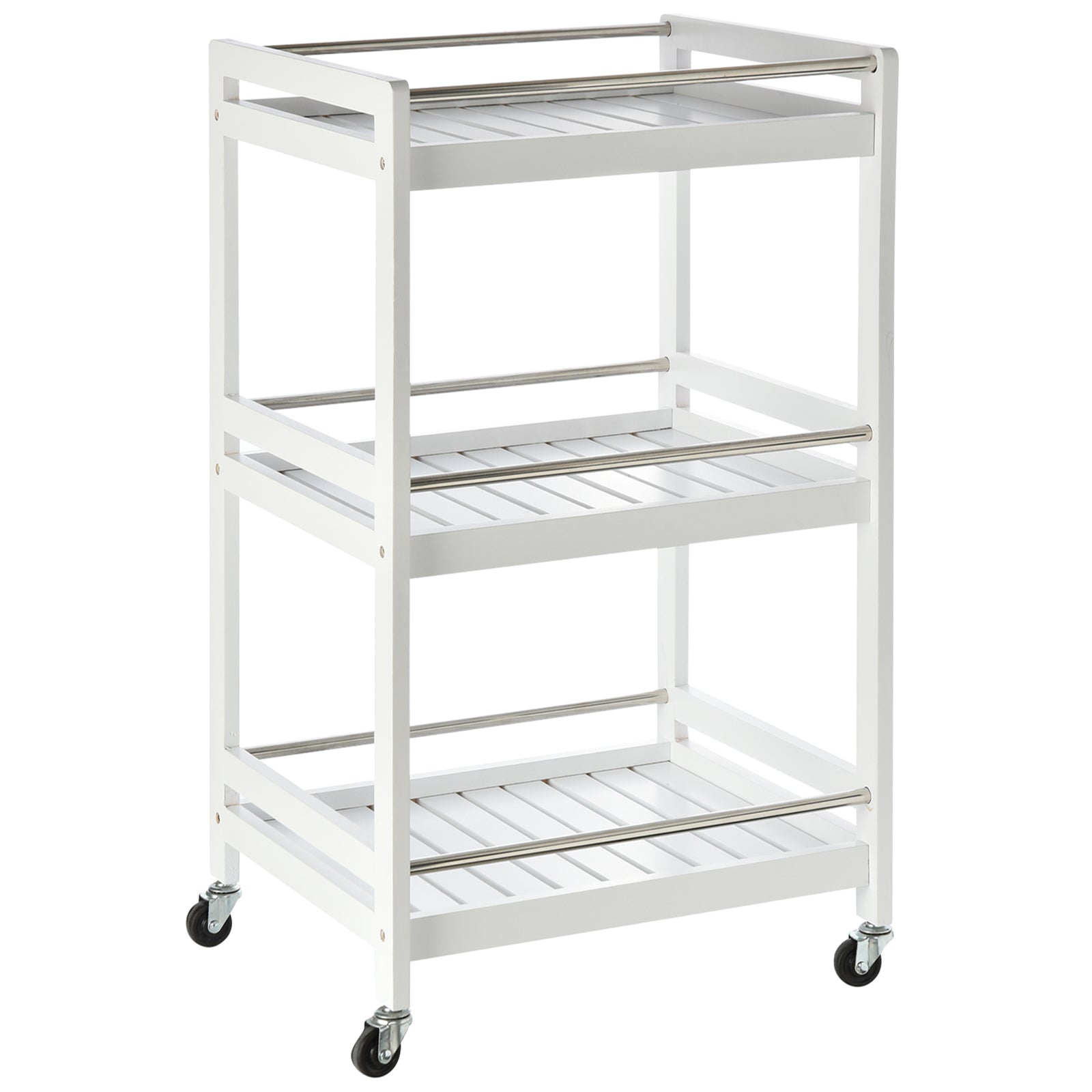 HOMCOM 3-Tier Home Trolley Kitchen Storage w/ Steel Bars 4 Wheels Rolling Unit Organiser Living Room White