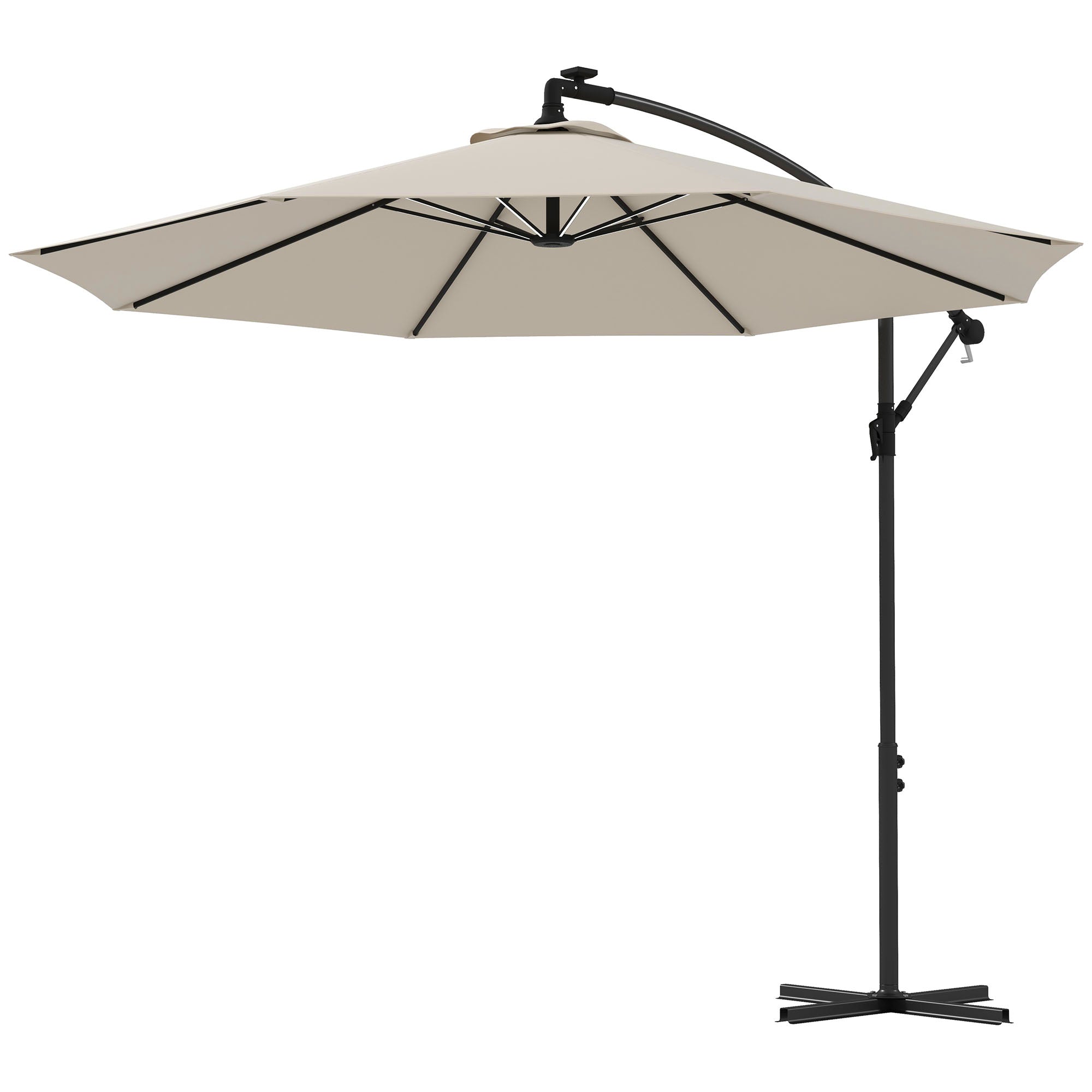 Outsunny 3(m) Cantilever Parasol with Solar LED Lights, Garden Umbrella with Cross Base and Crank Handle, Hanging Offset Banana Sun Shade for Outdoor, Patio, Beige