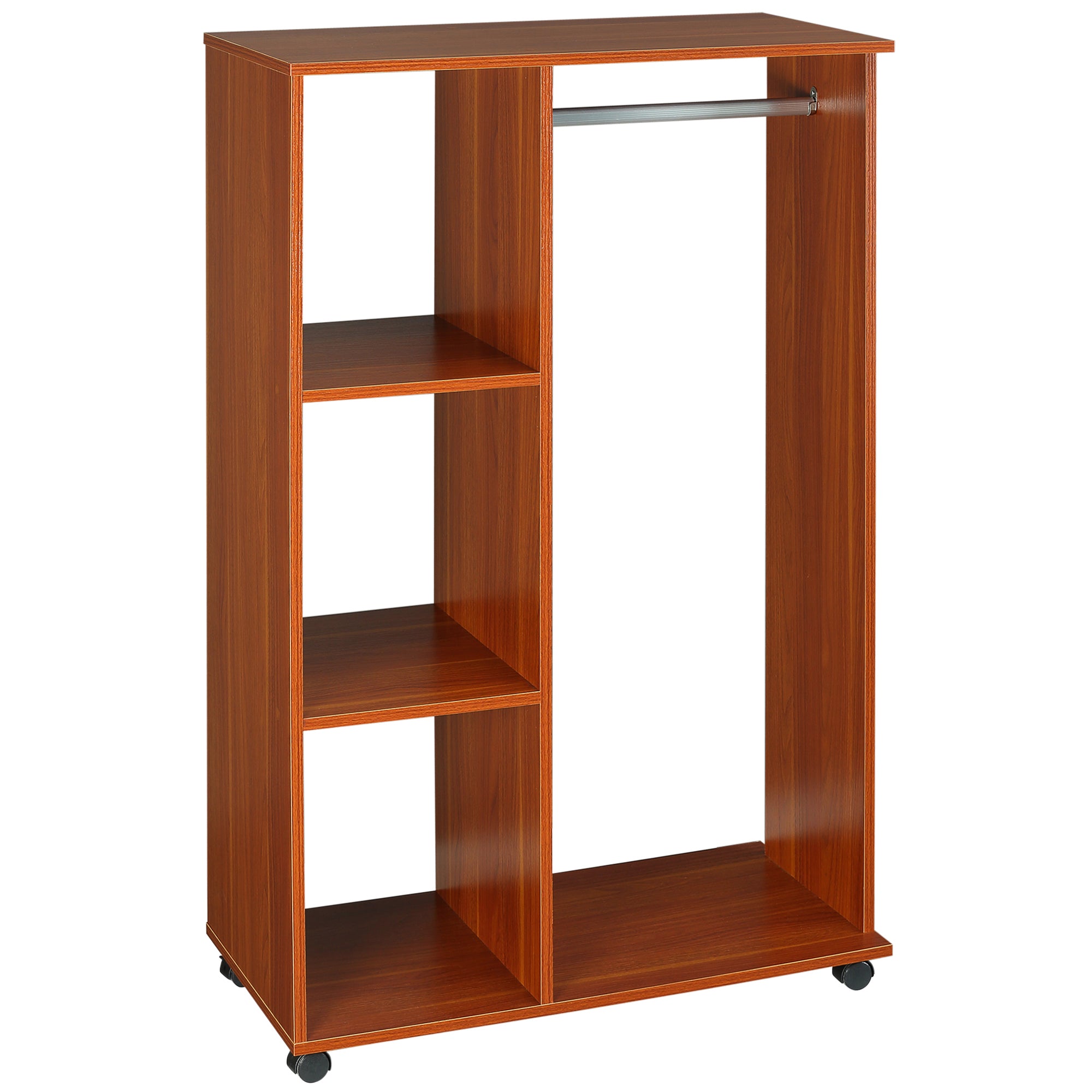 HOMCOM Bedroom Open Wardrobe, Hanging Rail with Storage Shelves, Mobile Clothes Organizer on Wheels, Walnut