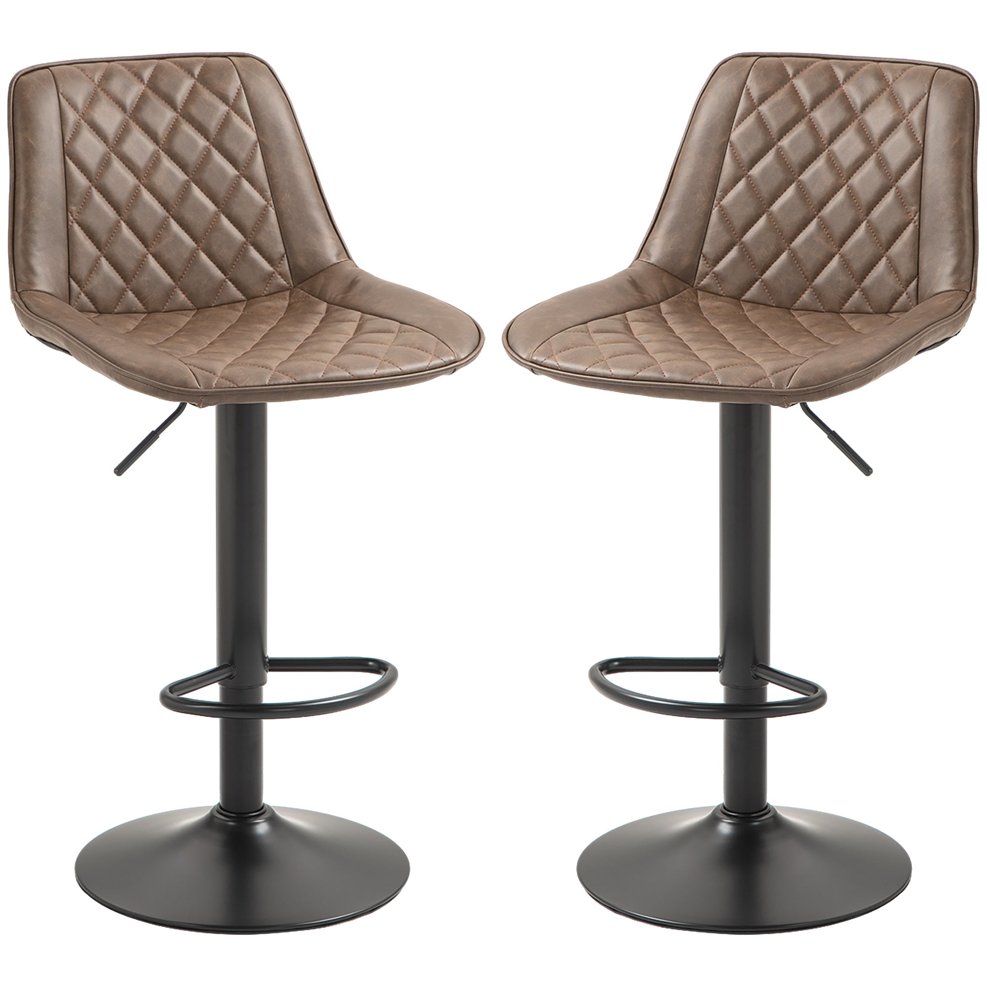 HOMCOM Bar Stools Set of 2, Retro Adjustable Kitchen Stool, Swivel PU Leather Upholstered Bar Chairs with Back, Footrest and Steel Base, Brown