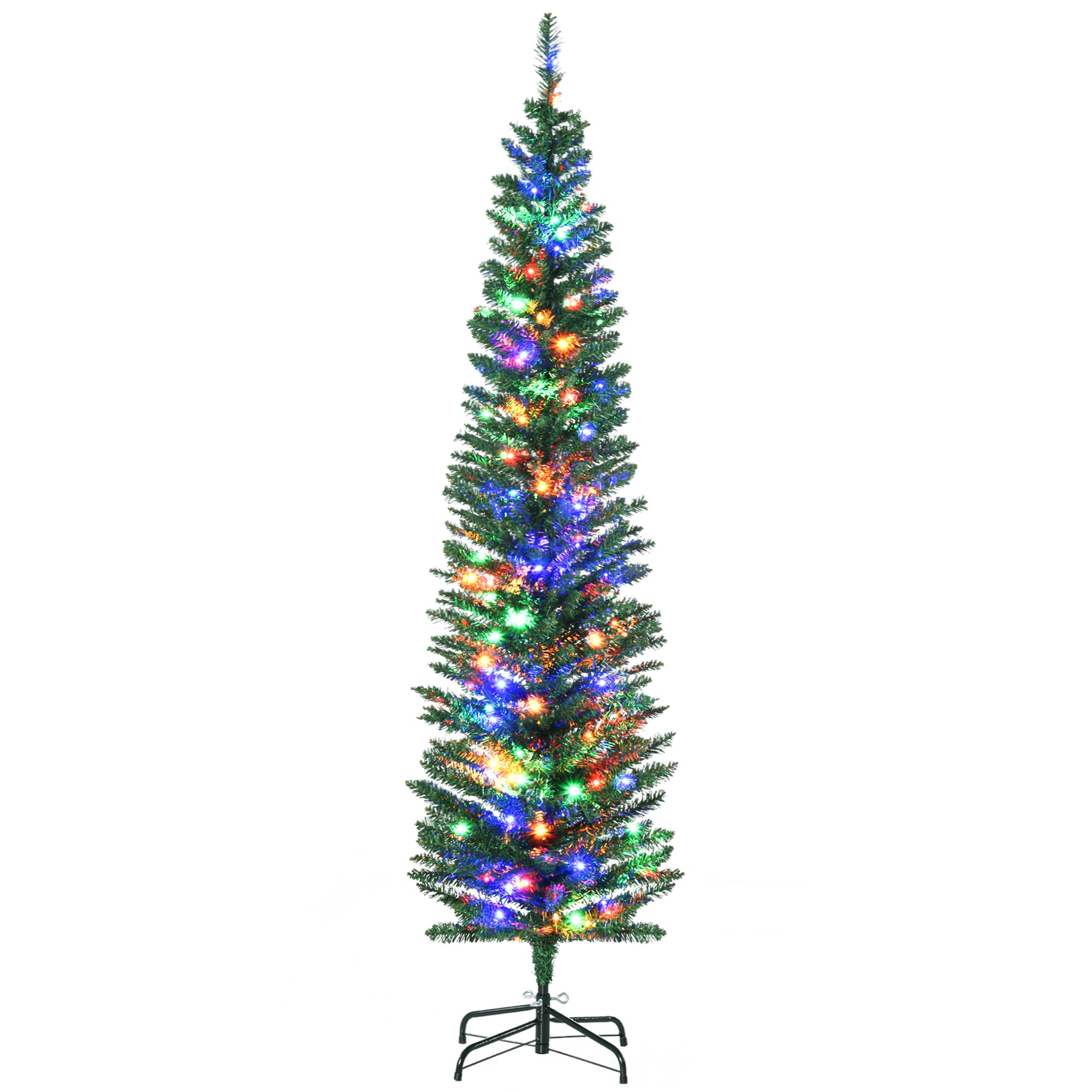 HOMCOM 6' Artificial Prelit Christmas Trees Holiday Décor with Colourful LED Lights, Pencil Shape, Steel Base