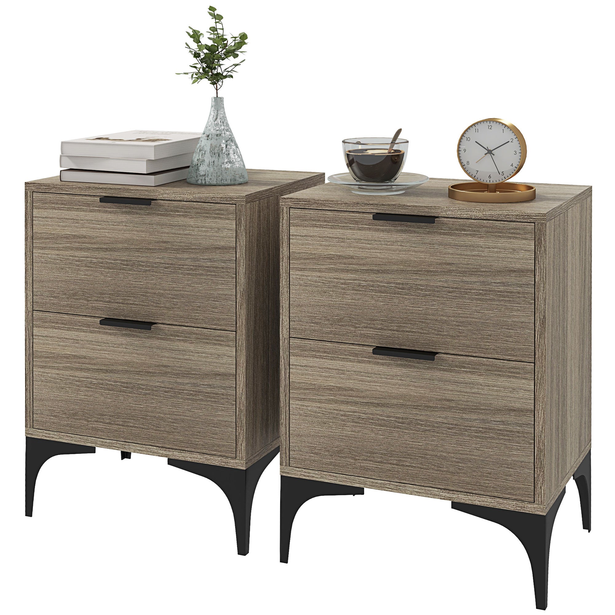 HOMCOM Bedside Tables Set of 2, Modern Nightstand with 2 Drawers, Small Sofa End Tables with Storage and Steel Legs for Bedroom, Living Room, Grey