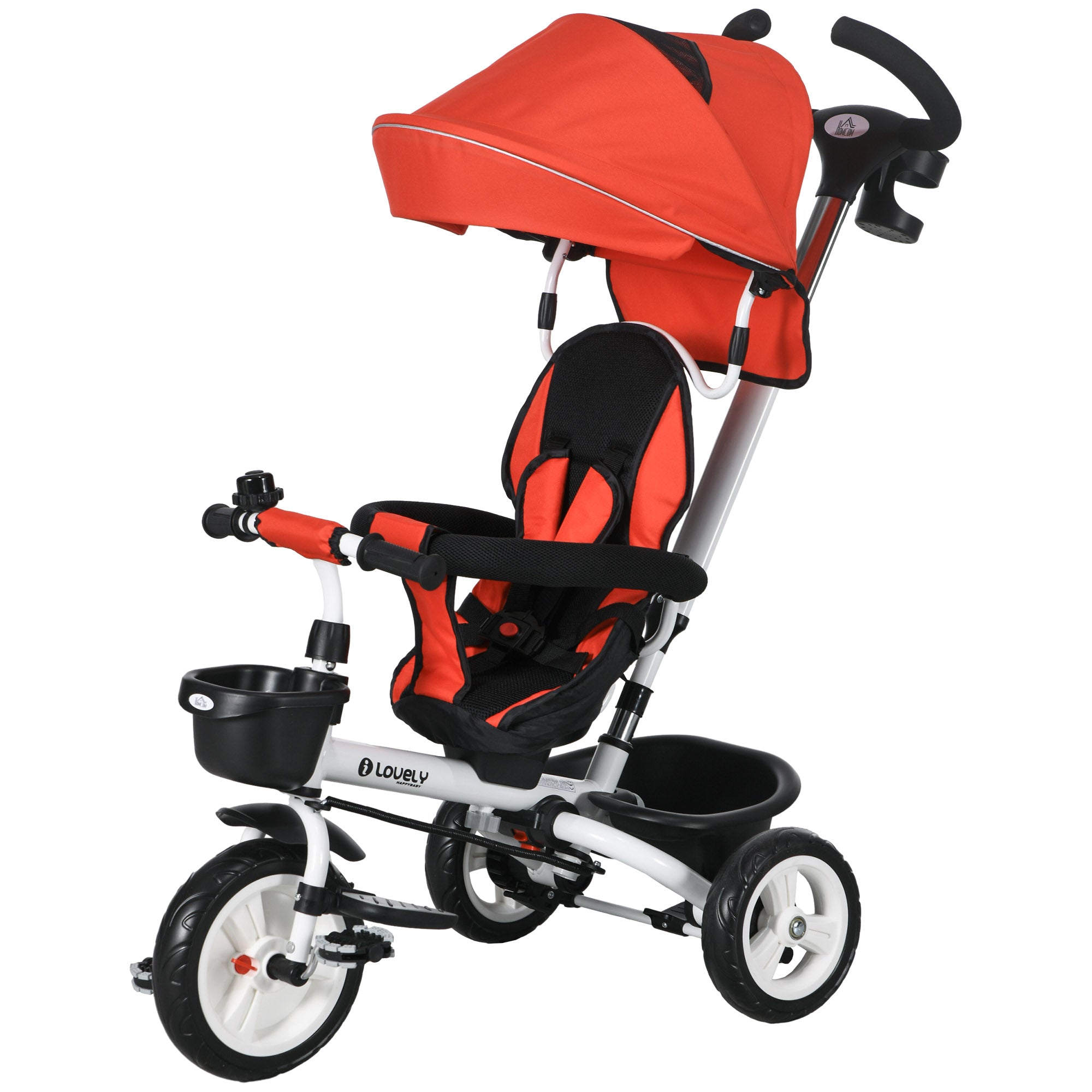 HOMCOM Metal Frame 4 in 1 Baby Push Tricycle with Parent Handle for 1-5 Years Old, Red